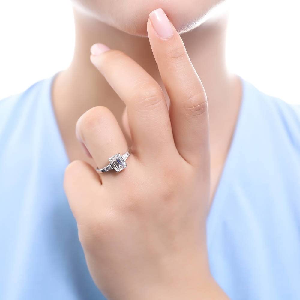 BERRICLE Sterling Silver 3-Stone Wedding & Engagement Ring 2.1ct Emerald Cut Cubic Zirconia CZ Anniversary Band for Women - Rhodium Plated Size 4-10 | Elegant Gift for Brides, Anniversary & Special Occasions