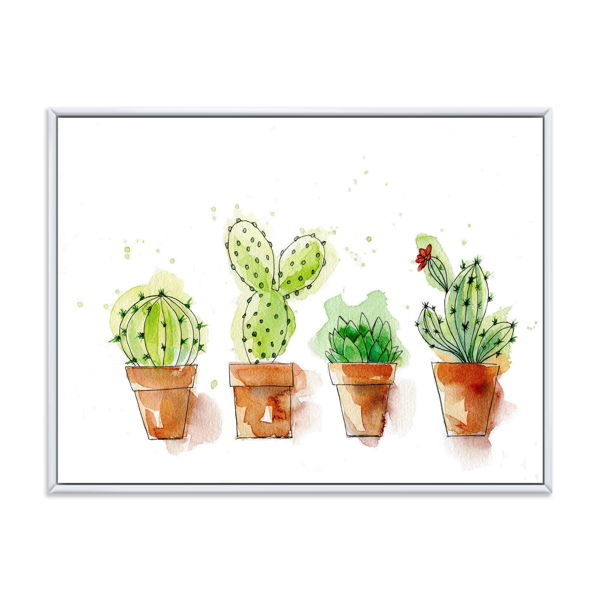 DesignQ Cacti in Ceramic Pots - Soft Tone Traditional Framed Canvas Wall Art Print for Living Room, Bedroom & Office Decor
