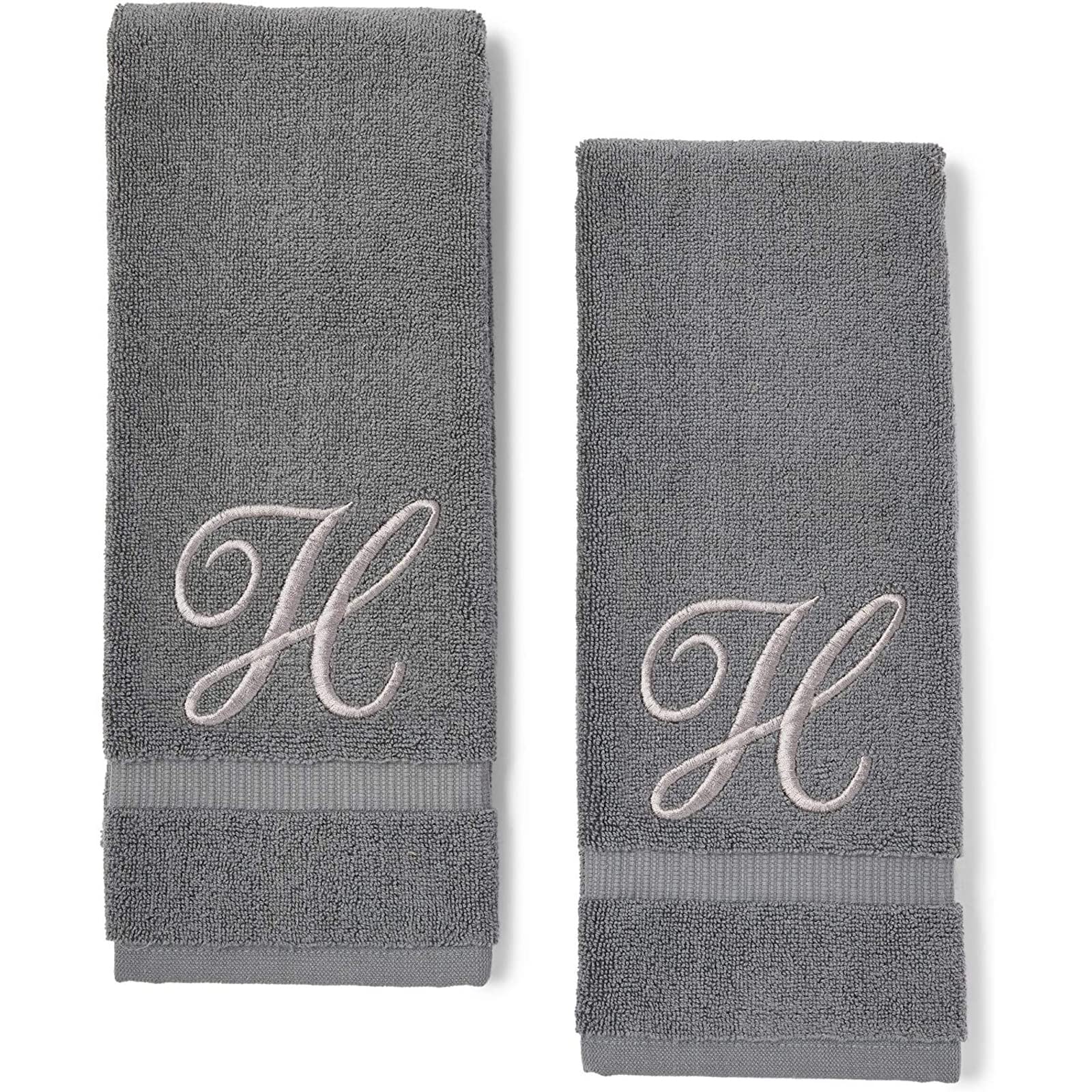 Juvale 2 Pack Gray Cotton Monogrammed Hand Towels with Silver Embroidered Letter H - 16 x 30 Inches for Bathroom, Kitchen, Guest Towels - Perfect Wedding Gift, Bridal Shower, Baby Shower, Anniversary Present