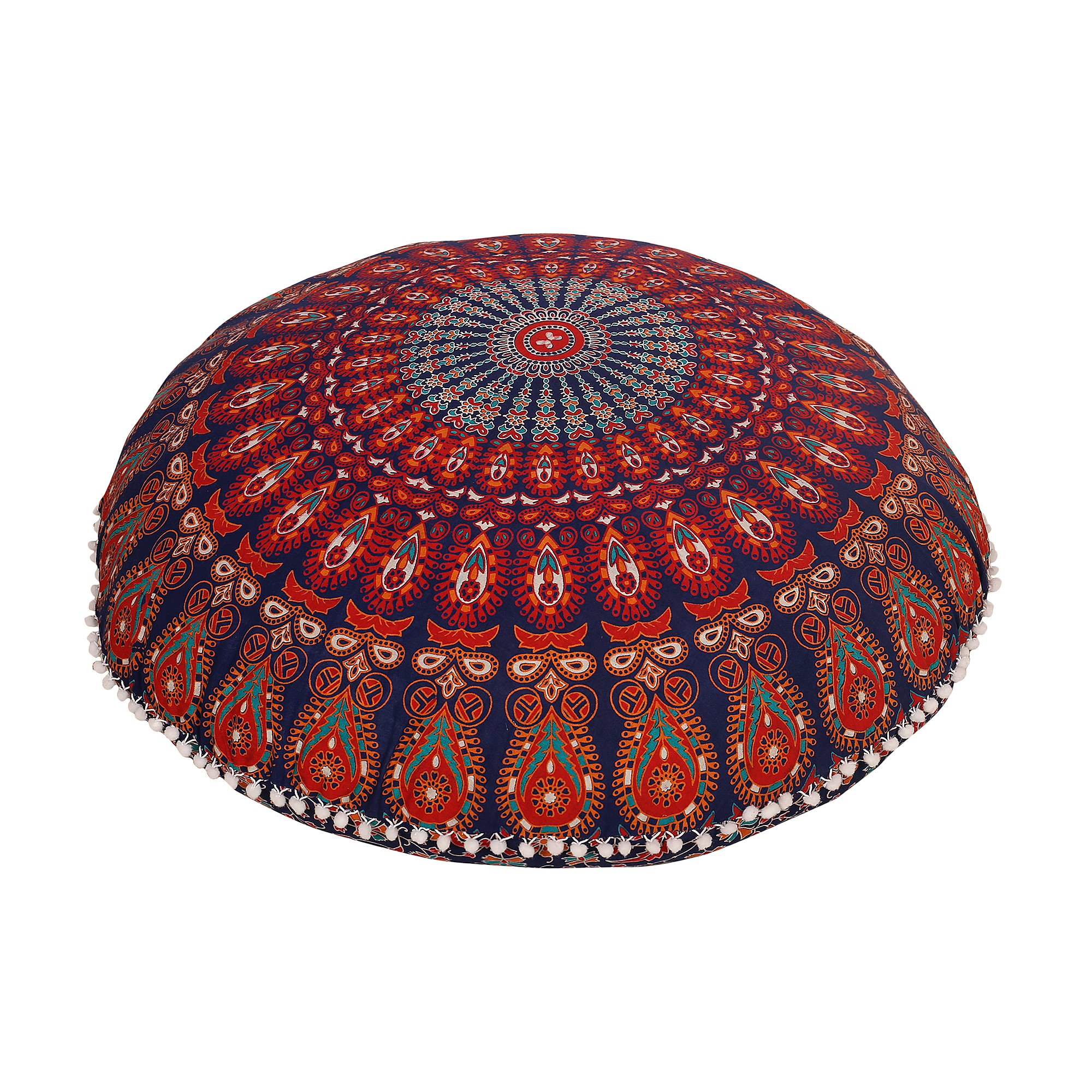 Anokhiart Navy Blue Round Mandala Floor Pillow - Boho Decor Throw Cushion with Pom Poms for Living Room, Bedroom & Meditation Space | Hippie Style Seating Pouf Cover