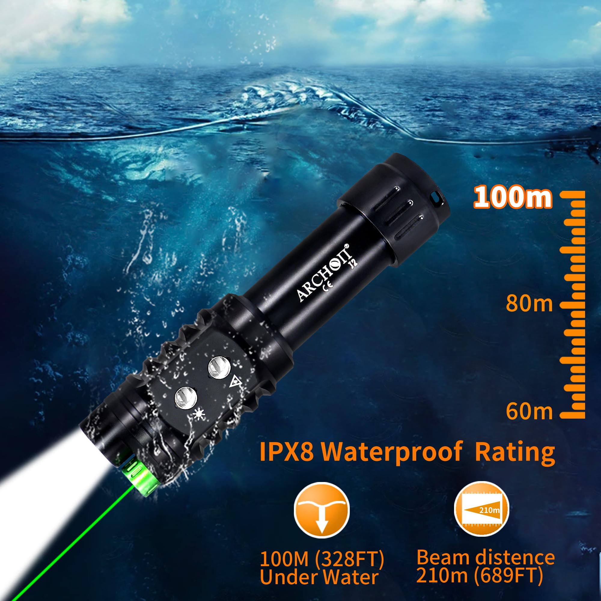 ARCHON J2 Diving Flashlight - 1200 Lumens White Spotlight & 1500m Green Beam Scuba Light | 100m Waterproof 2-in-1 Dive Torch with Dual-Button Switch | Perfect for Night Diving, Cave Exploration & Underwater Photography