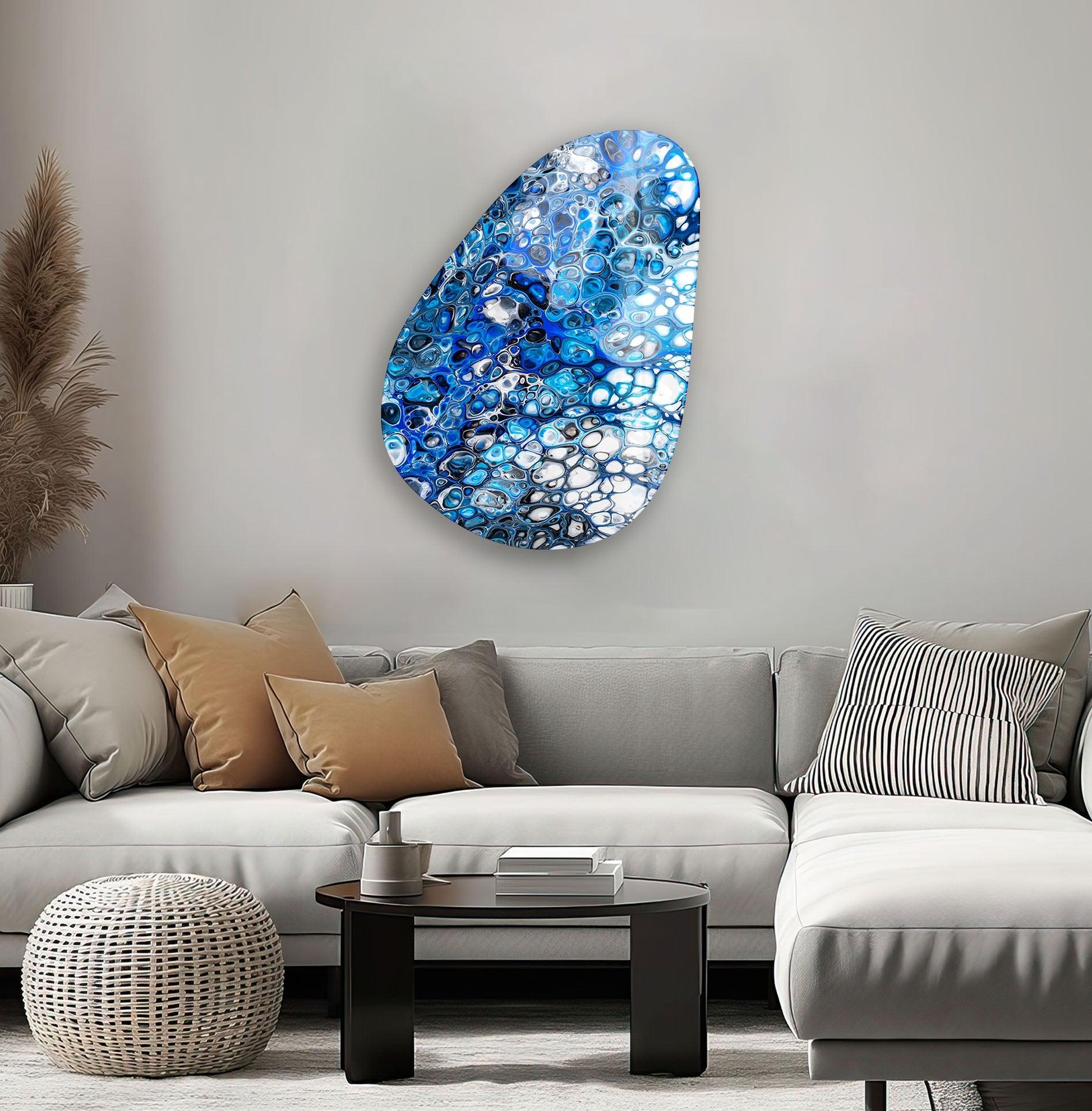 Handmade Asymmetrical Oval Stained Blue Glass Wall Art - Modern Abstract Home Decor for Living Room, Bedroom & Office