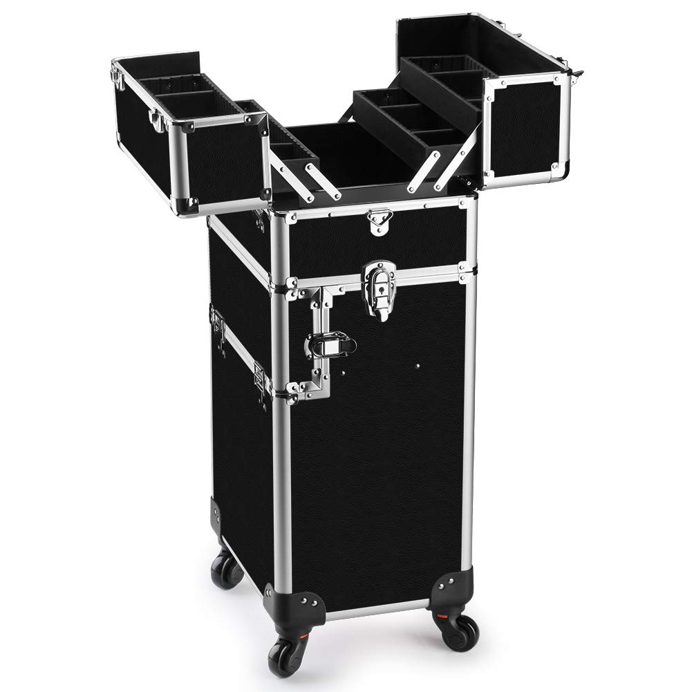 OUDMAY Professional 2-in-1 Aluminum Makeup Train Case with Locks & Folding Trays - Rolling Cosmetic Storage Organizer for Makeup Artists & Travel (Black) - Perfect for Salon, Home Vanity & On-the-Go Beauty Needs