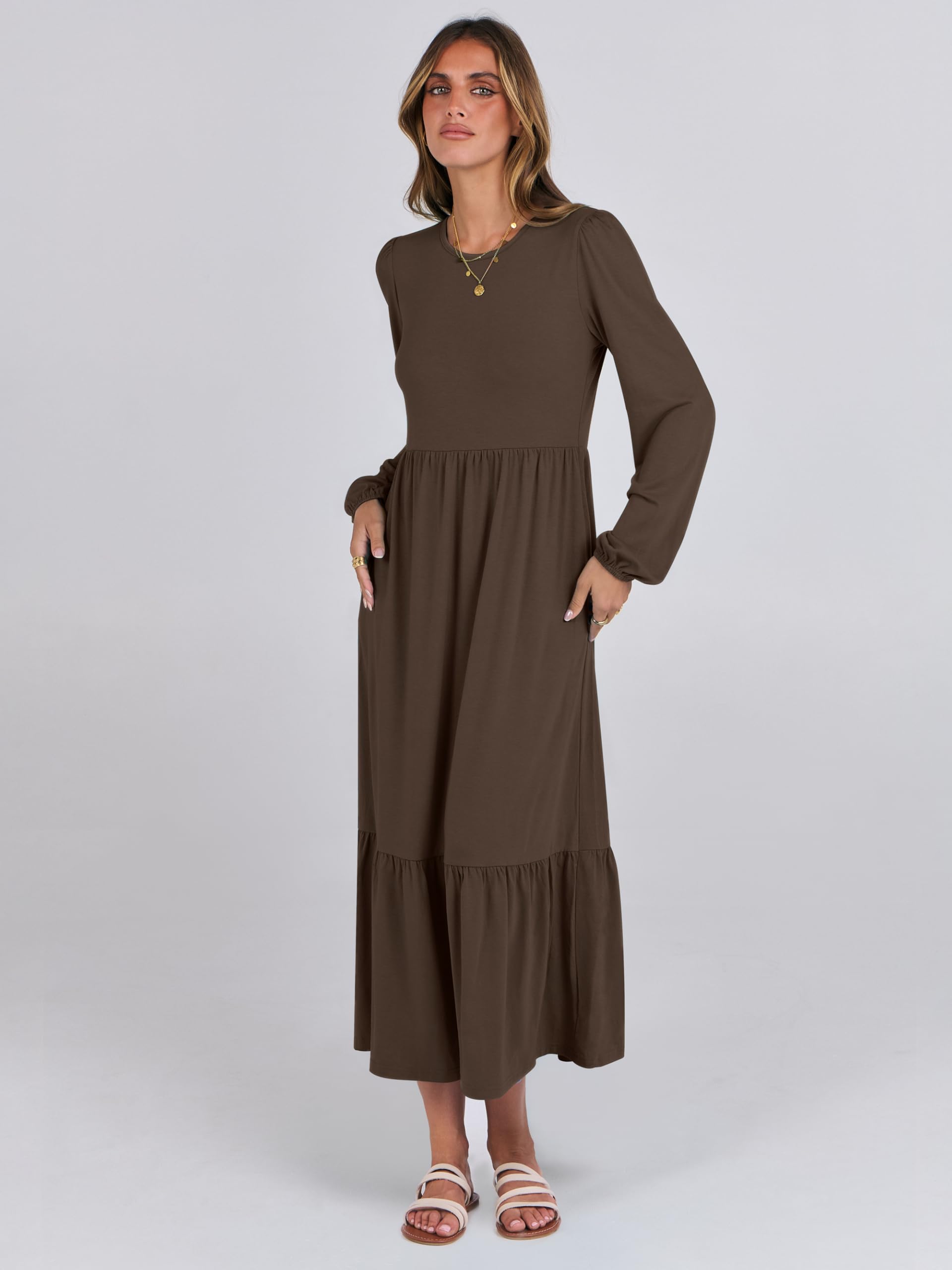 ANRABESS Women's Casual Long Sleeve Midi Dress - 2025 Spring Crewneck A-Line Tiered Flowy Loose Dress with Pockets | Trendy Everyday Wear for Work, Date & Vacation