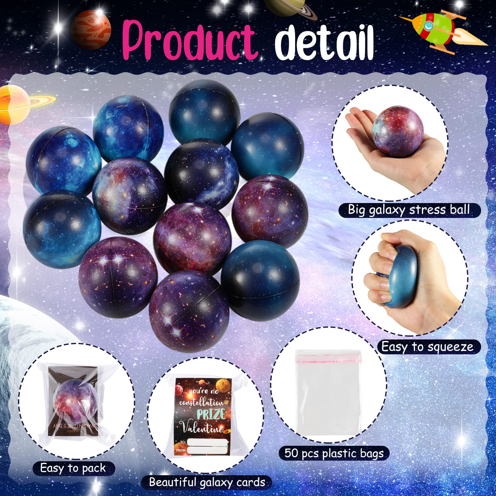 36 Pack Galaxy Stress Balls with Valentine's Day Cards - Space Themed Classroom Exchange Gifts for Kids, Teachers & Coworkers - Perfect for Valentine's Parties, School Events & Office Celebrations