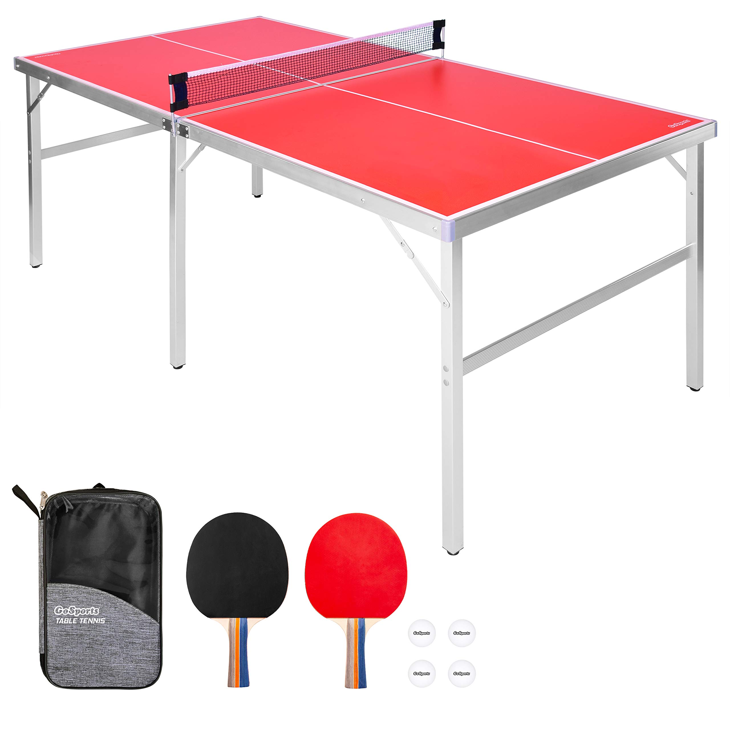 GoSports Mid-Size Table Tennis Set - Red or Blue - Portable Ping Pong Kit with Net, 2 Paddles & 4 Balls for Indoor/Outdoor Play - Perfect for Family Fun, Backyard Parties & Gym Class Activities