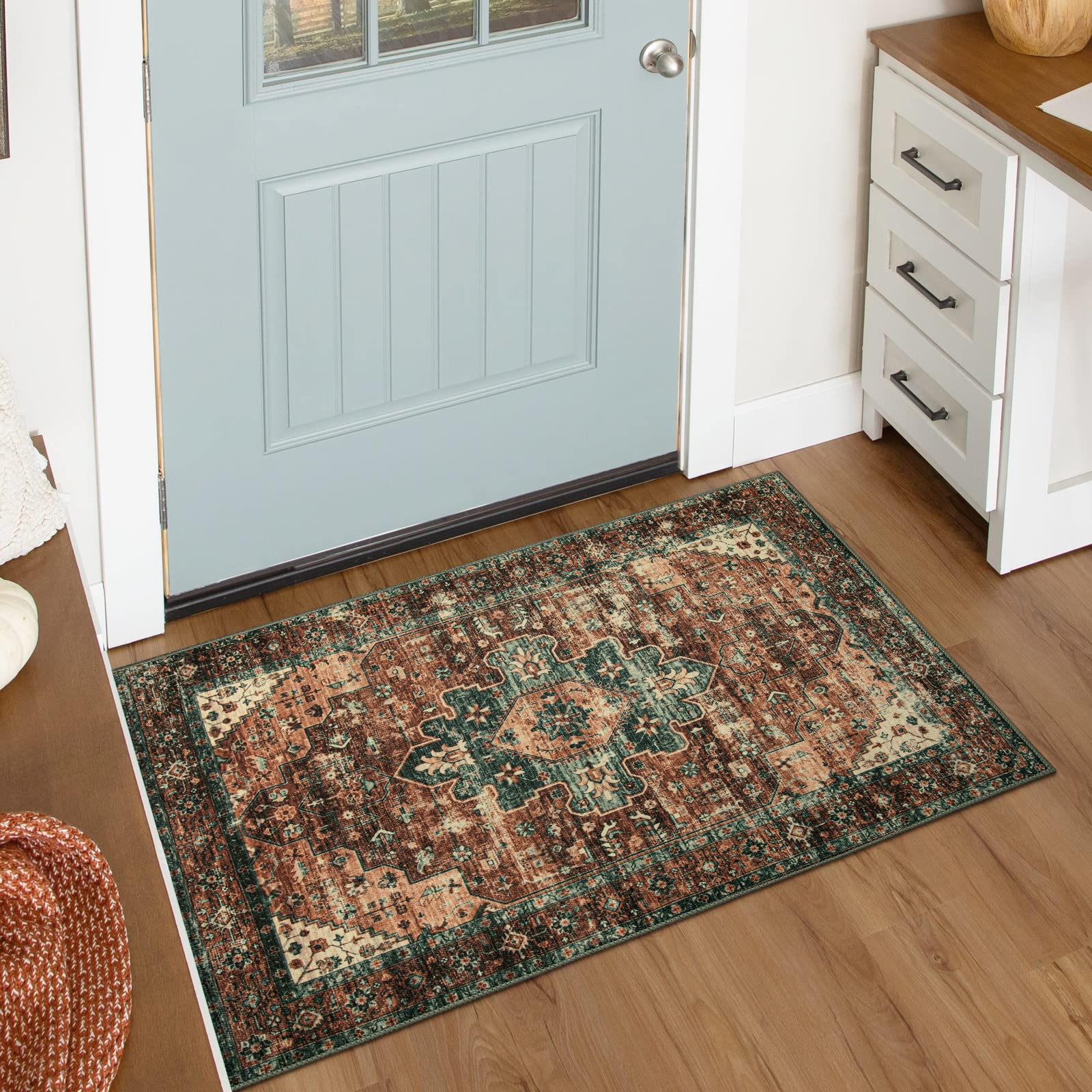Vintage Washable Bathroom Rug 2x3 - Non-Slip Boho Kitchen Mat, Ultra-Thin Oriental Throw Carpet for Bedroom, Entryway & Indoor Decor | Perfect for Cozy Home, Apartment & Dorm Room
