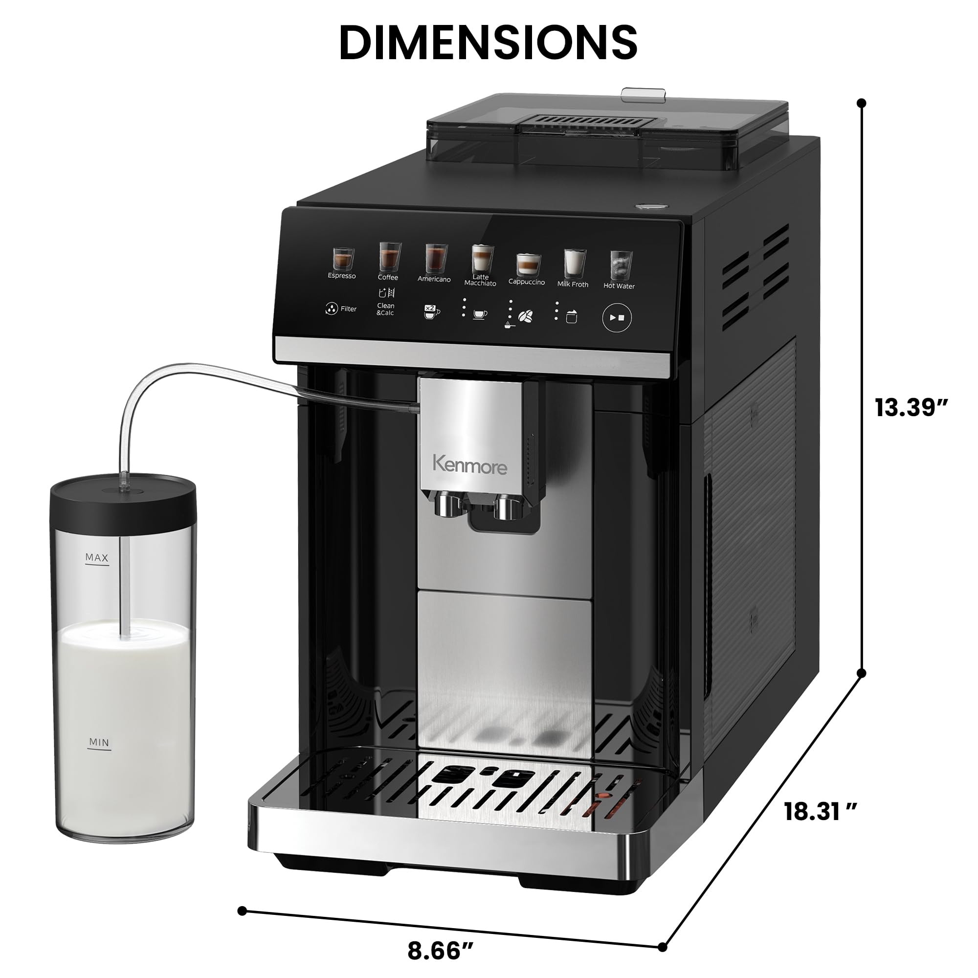 Koolatron Kenmore Espresso Machine - Fully Automatic Coffee Maker with Built-in Grinder, Milk Frother & Auto Tamper | Professional Barista Style for Cappuccino, Latte & Black Coffee | Perfect for Home, Office & Cafe Use