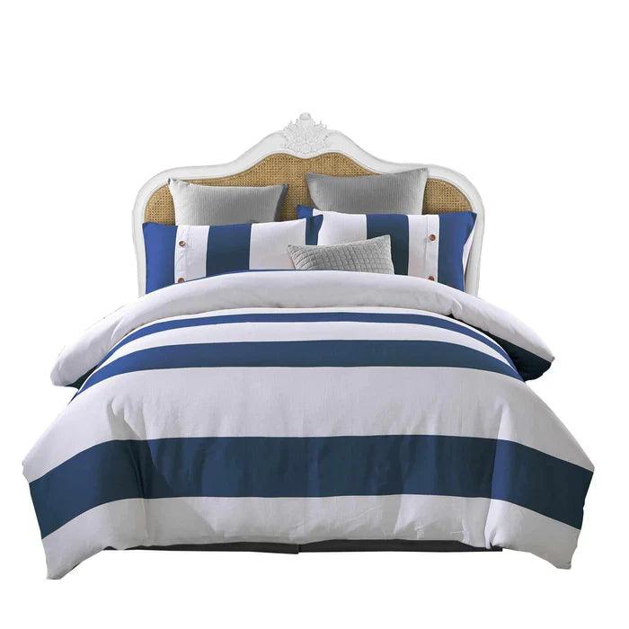 Nautical Stripe Cotton 3-Piece Duvet Cover Set - Queen Size, Blue & White Striped Bedding for Coastal & Beach Themed Bedrooms