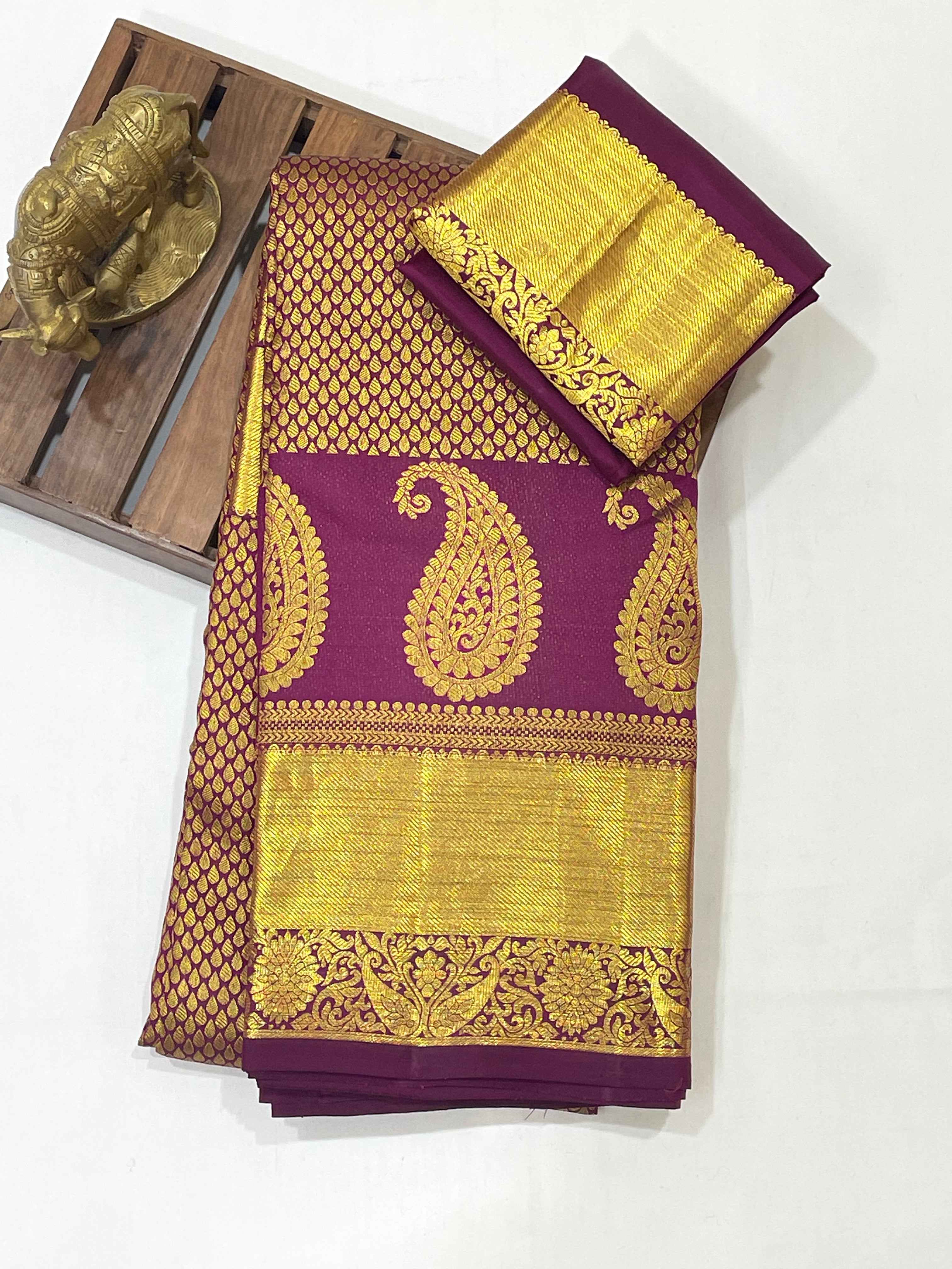 Elegant Dark Purple Pure Kanchi Silk Saree with Gold Zari Work & Tassels for Women | Traditional Indian Bridal & Party Wear | Perfect for Weddings, Festivals & Special Occasions