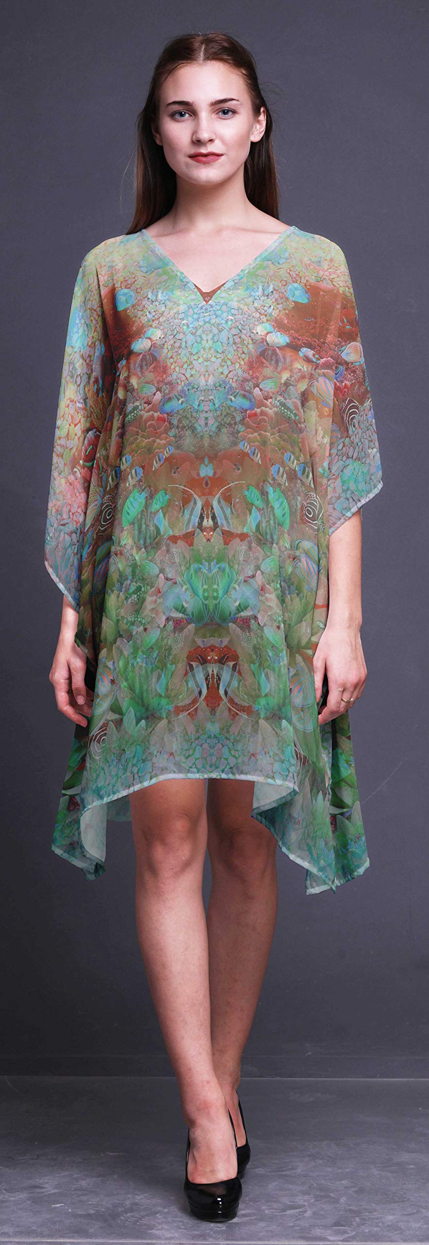 Women's Floral Short Beach Kaftan - Lightweight Bikini Cover Up Midi Dress for Summer Vacation, Pool Party & Beach Getaway
