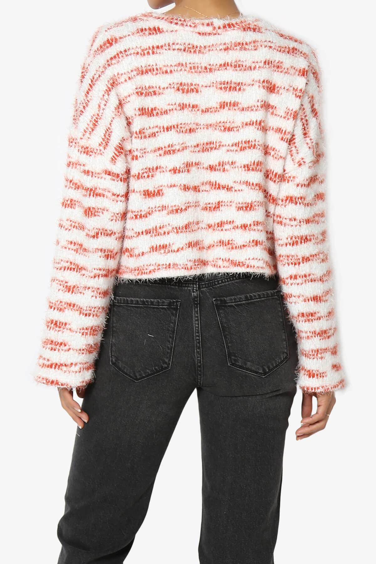 Cozy Fuzzy Stripe Boxy Crop Sweater Top - Soft Knit Long Sleeve Jumper for Women | Casual Winter Pullover for Outfits, Dates & Layering