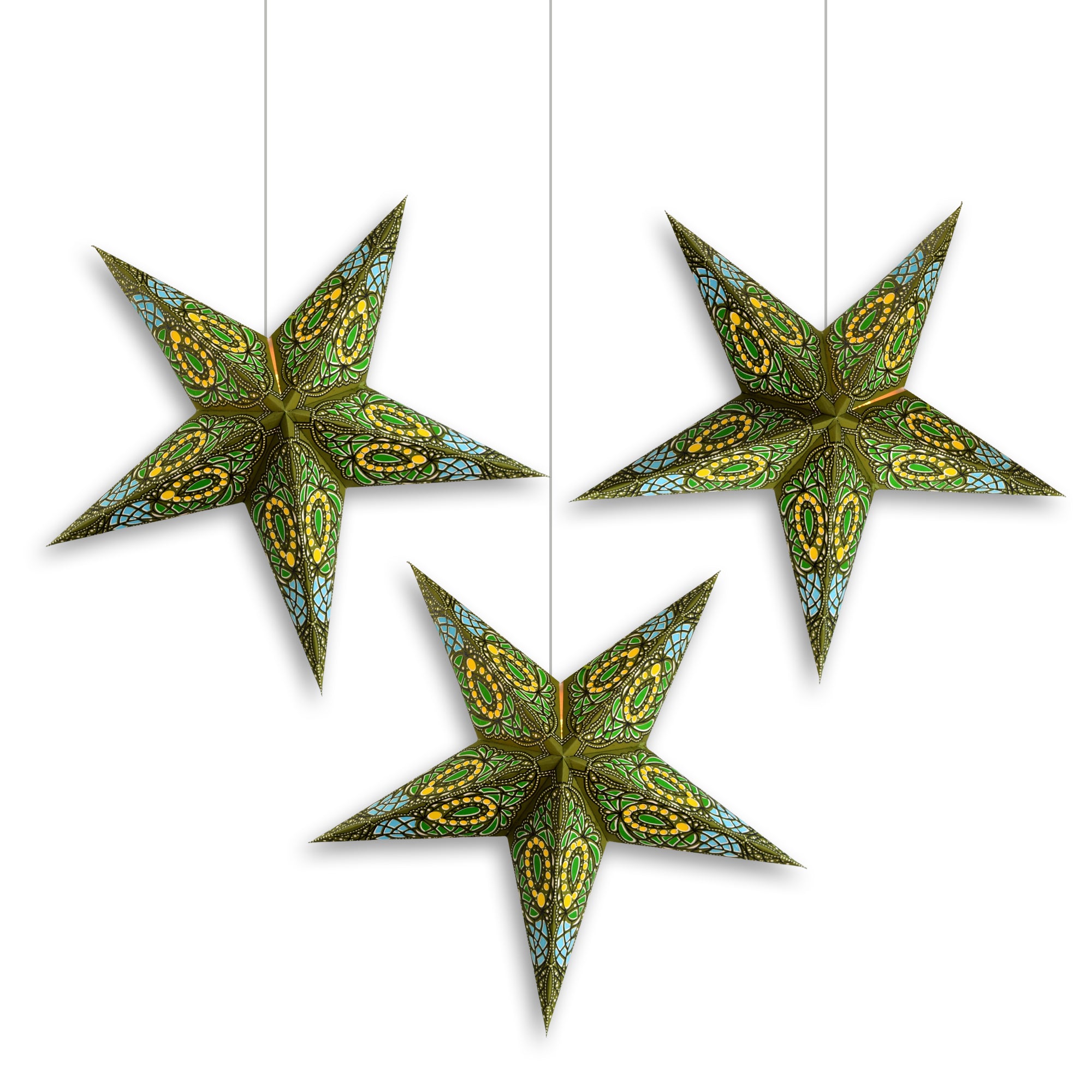 3 Pack 24 Inch Green Brown Galactic Glitter Paper Star Lanterns with Triple Pendant Lights - Perfect for Bedroom Decor, Wedding Centerpieces & Boho Party Decorations