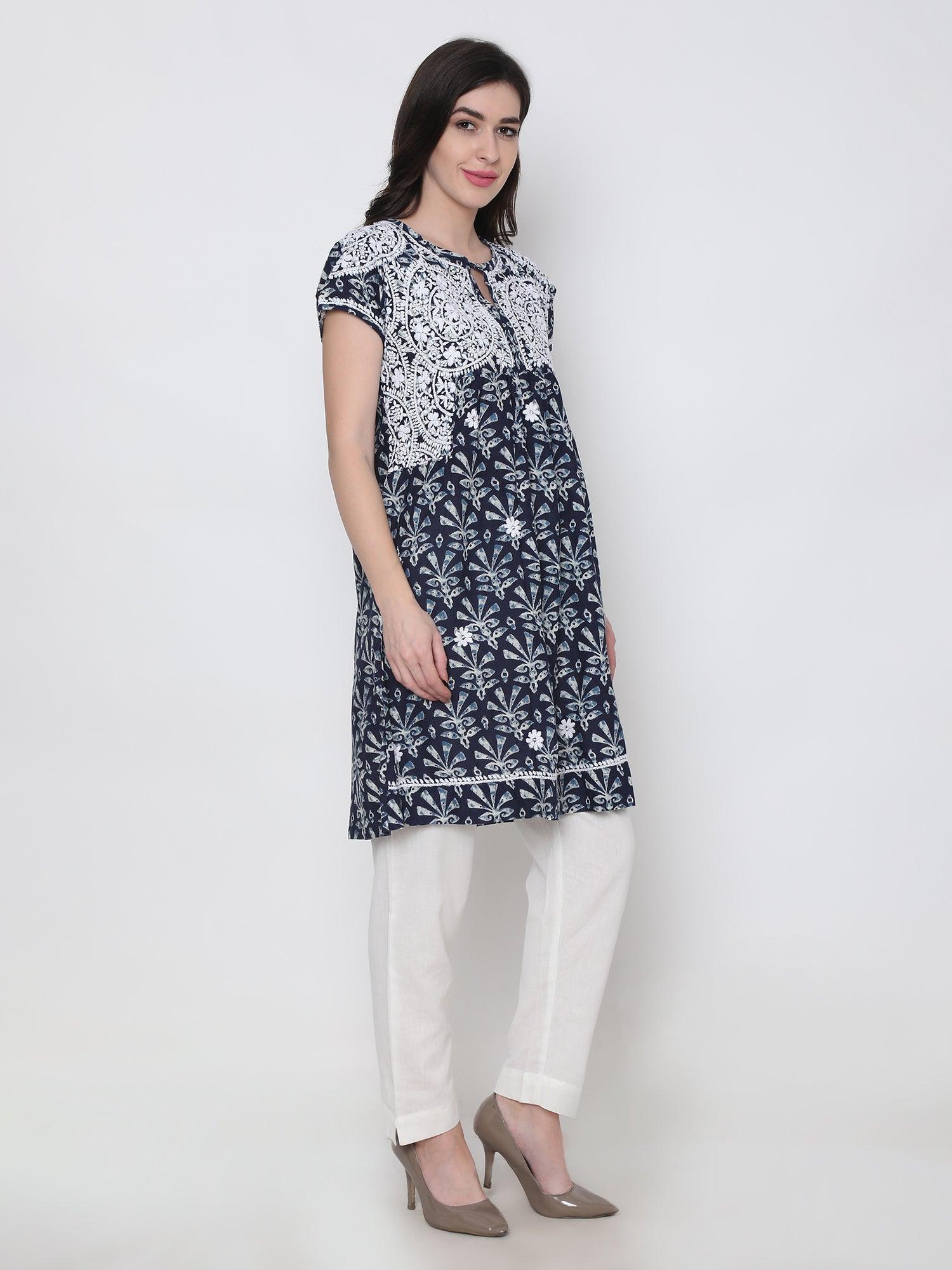 Elegant Hand Embroidered Chikankari Tunic for Women - Floral Cotton Kurti Top for Casual Wear, Office & Festive Occasions