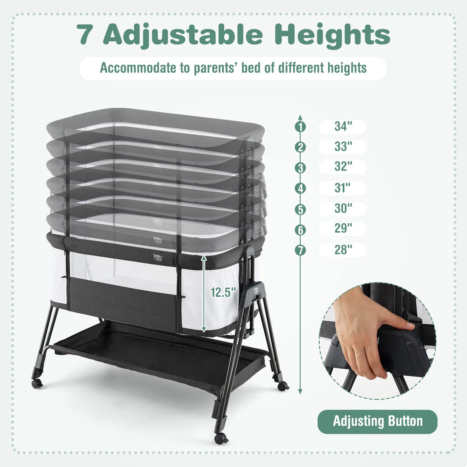 BABY JOY Portable Bassinet Bedside Sleeper - Foldable Crib with Breathable Mesh Sides, Storage Shelf & 7 Height Adjustments | Includes Mattress & Travel Bag for Safe Co-Sleeping | Perfect for Newborns & Infants (Black) | Ideal for Nursery, Bedroom & Travel Use