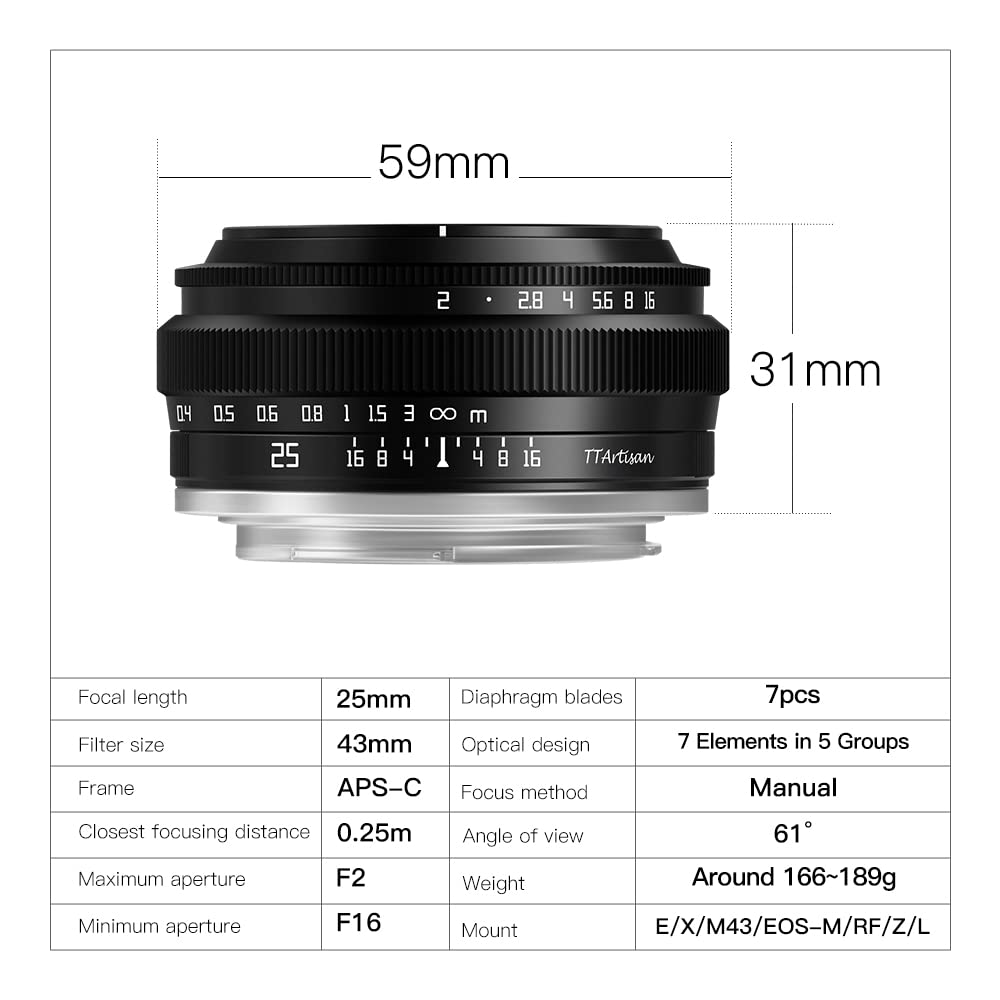 TTartisan 25mm f2 APS-C Pancake Lens for Sony E Mount - Compatible with A7III, A7R, A7S, A6000, ZV-E10, NEX Cameras | Canadian Warranty | Perfect for Street Photography & Travel Vlogging