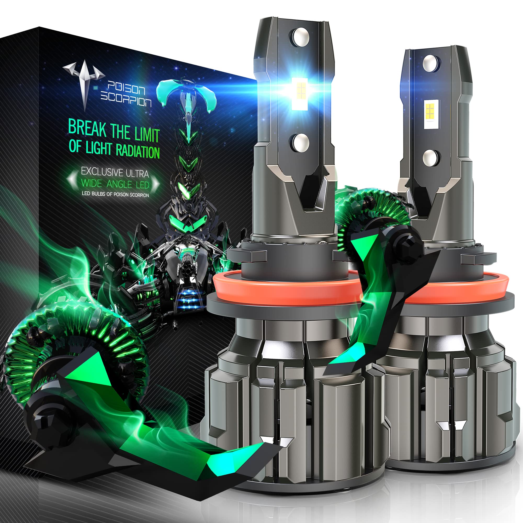 POISON SCORPION H11/H8/H9 LED Bulbs - 16000LM 6500K Super Bright Fog Lights & Headlight Replacement (400% Brighter) - Plug & Play Installation - Pack of 2 - Perfect for Off-Roading, Night Driving & Foggy Conditions