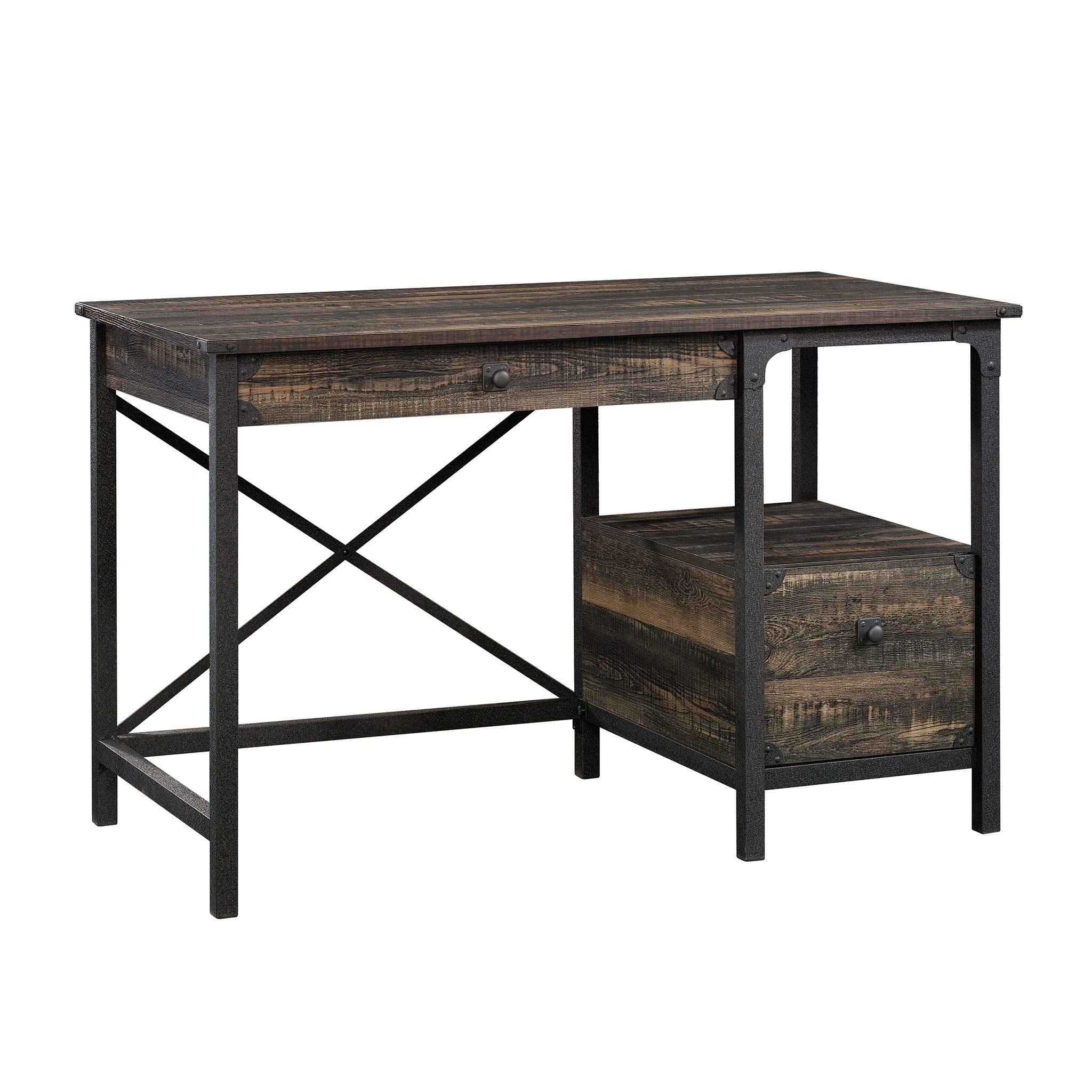 Sauder Steel River Industrial Office Desk with 2 Drawers & Open Shelf - Carbon Oak Finish - Perfect for Home Office & Workspace Organization