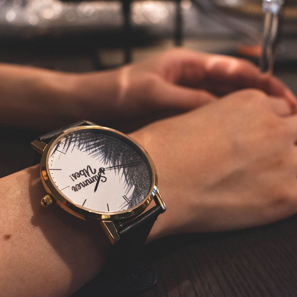 ARIES GOLD Customized Stainless Steel Watch with Palm Leaf Design - Summer Vibes Unisex Leather Strap Watch for Men & Women | Perfect for Beach Vacations, Outdoor Adventures and Casual Wear