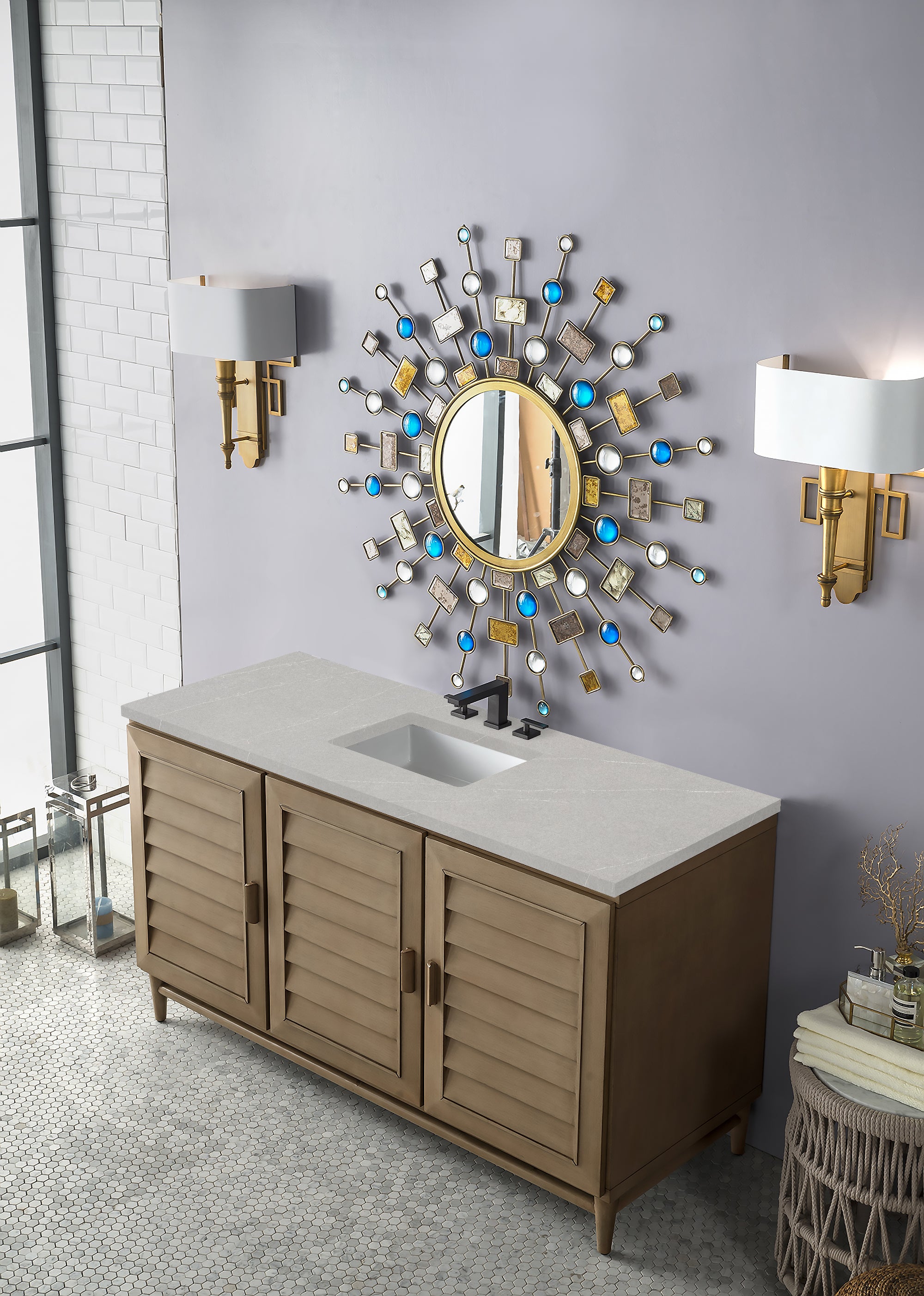 Portland 60 Inch Single Bathroom Vanity in Whitewashed Walnut with 3CM Eternal Serena Quartz Countertop - Perfect for Modern Master Bathrooms and Powder Rooms