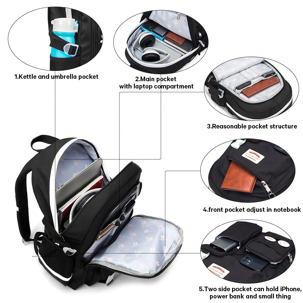15.6 Inch Laptop Backpack for Women - Waterproof College School Backpack with USB Charging Port, Travel Daypack & Overnight Bag (Black) - Perfect for Work, School, Commuting & Business Trips