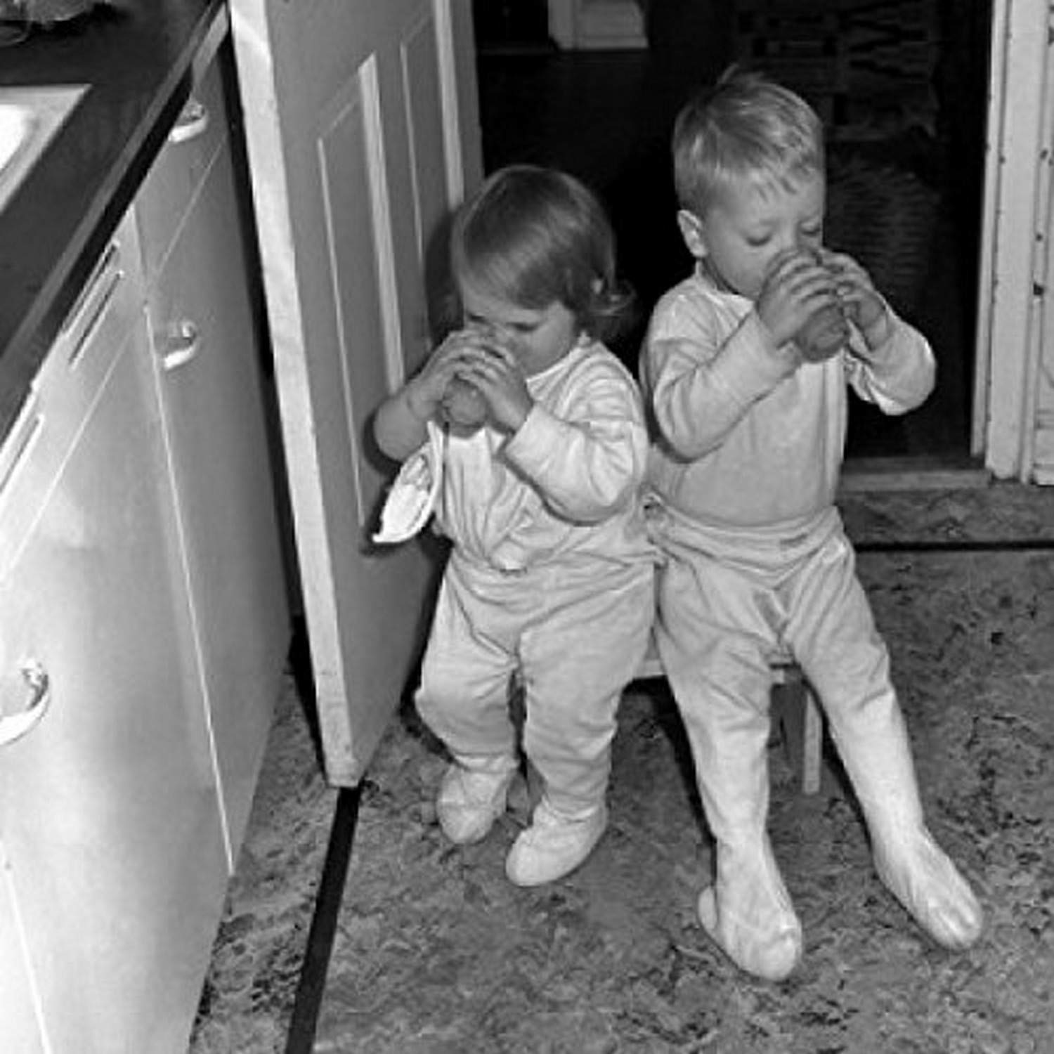 Brother and Sister Drinking in Kitchen Wall Art Poster Print - 18x24 Inches - Siblings Family Decor for Kitchen, Dining Room, Living Room, Bedroom