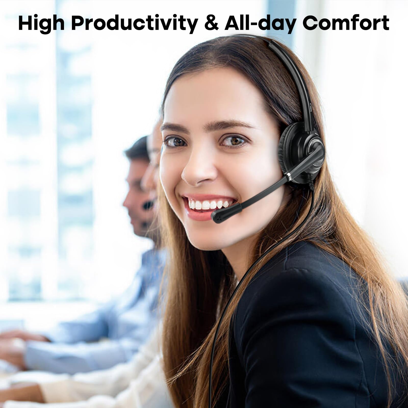 MKJ RJ9 Telephone Headset with Noise Canceling Microphone - Compatible with Panasonic KX-HDV130, Yealink T19P/T21P/T28P/T32G/T42G/T46G, Snom & GXP2170 Office Phones - Ideal for Call Centers & Business Communications