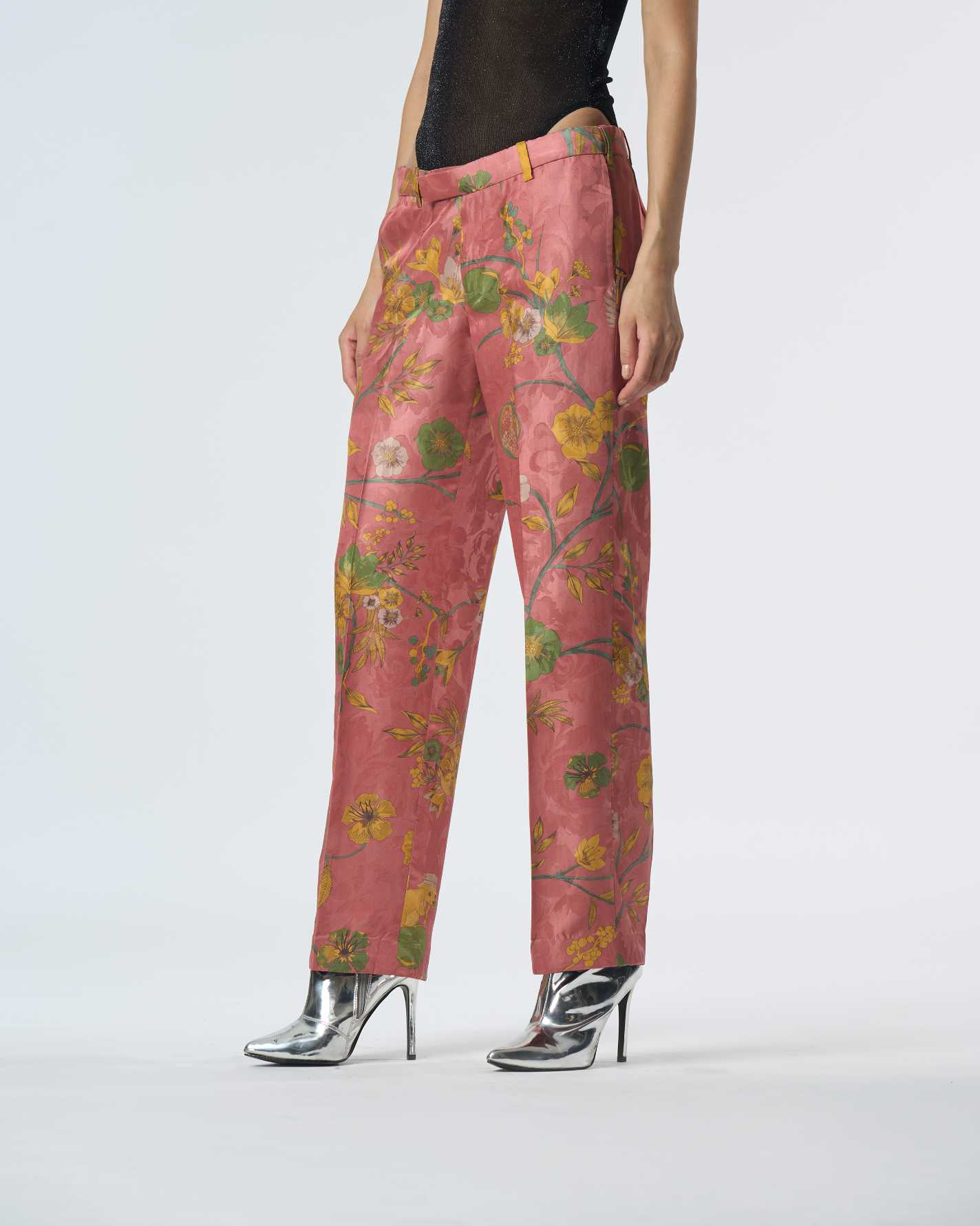 Straight Fit Silk Damask Rose Trousers for Women - Elegant Formal Pants for Office Wear & Special Occasions