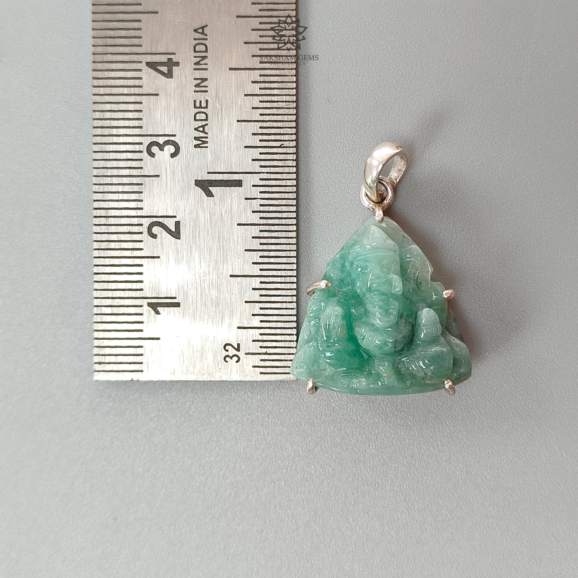 Natural Untreated Green Emerald Ganesha Pendant - 6.59gms 925 Sterling Silver Prong Set Lord Ganesha Idol Jewelry for Meditation & Spiritual Protection | Perfect for Yoga, Prayer & Gift Giving