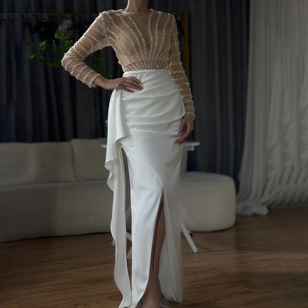 Elegant White Long Sleeve Mermaid Evening Dress with Beaded Detail - Split Hem Formal Gown for Women's Party & Special Occasions - Serene Hill LA71531 | Perfect for Weddings, Galas & Red Carpet Events