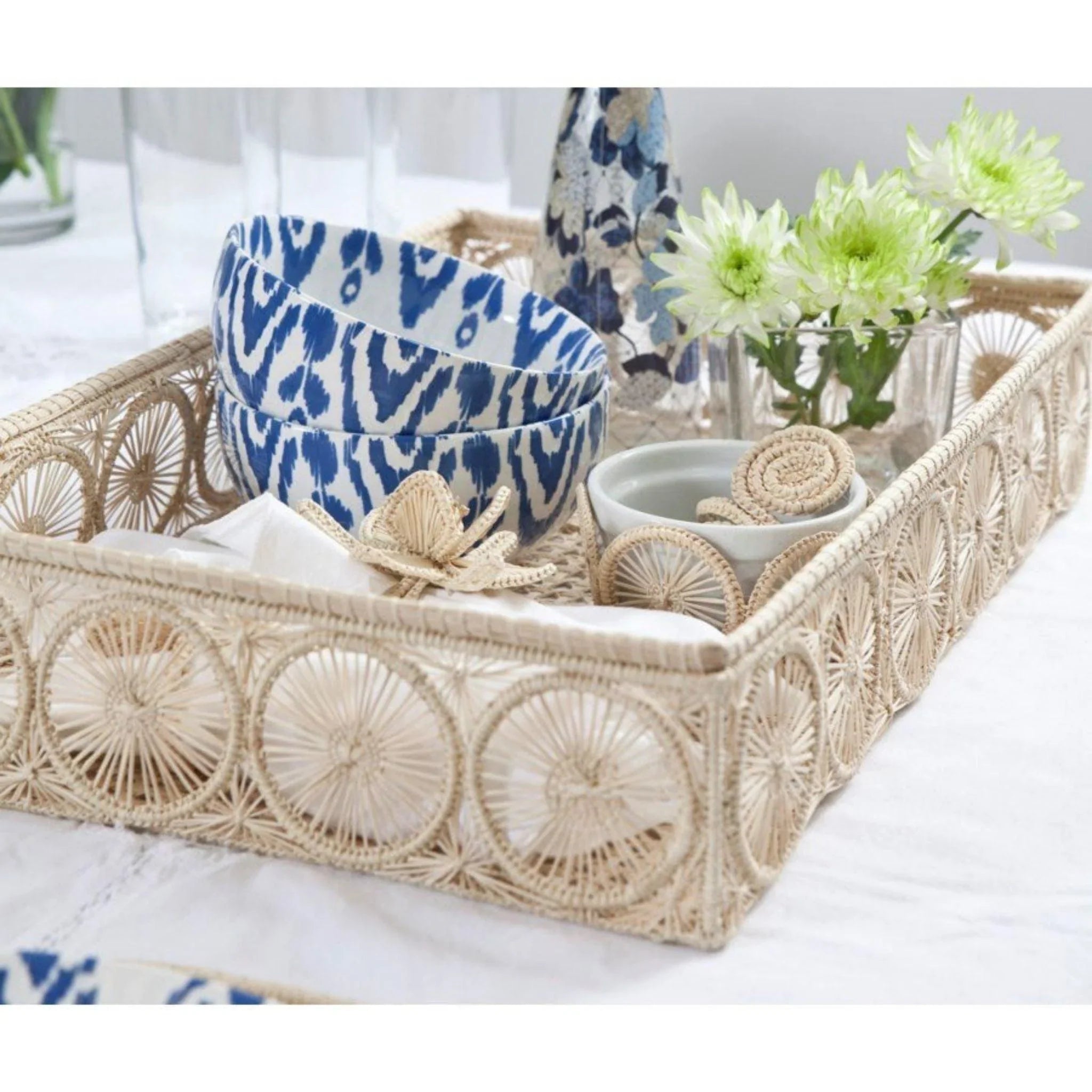Round Woven Rattan Tray with Rectangular Border - Stylish Home Decor for Coffee Table, Dining Table, or Shelf Organizer