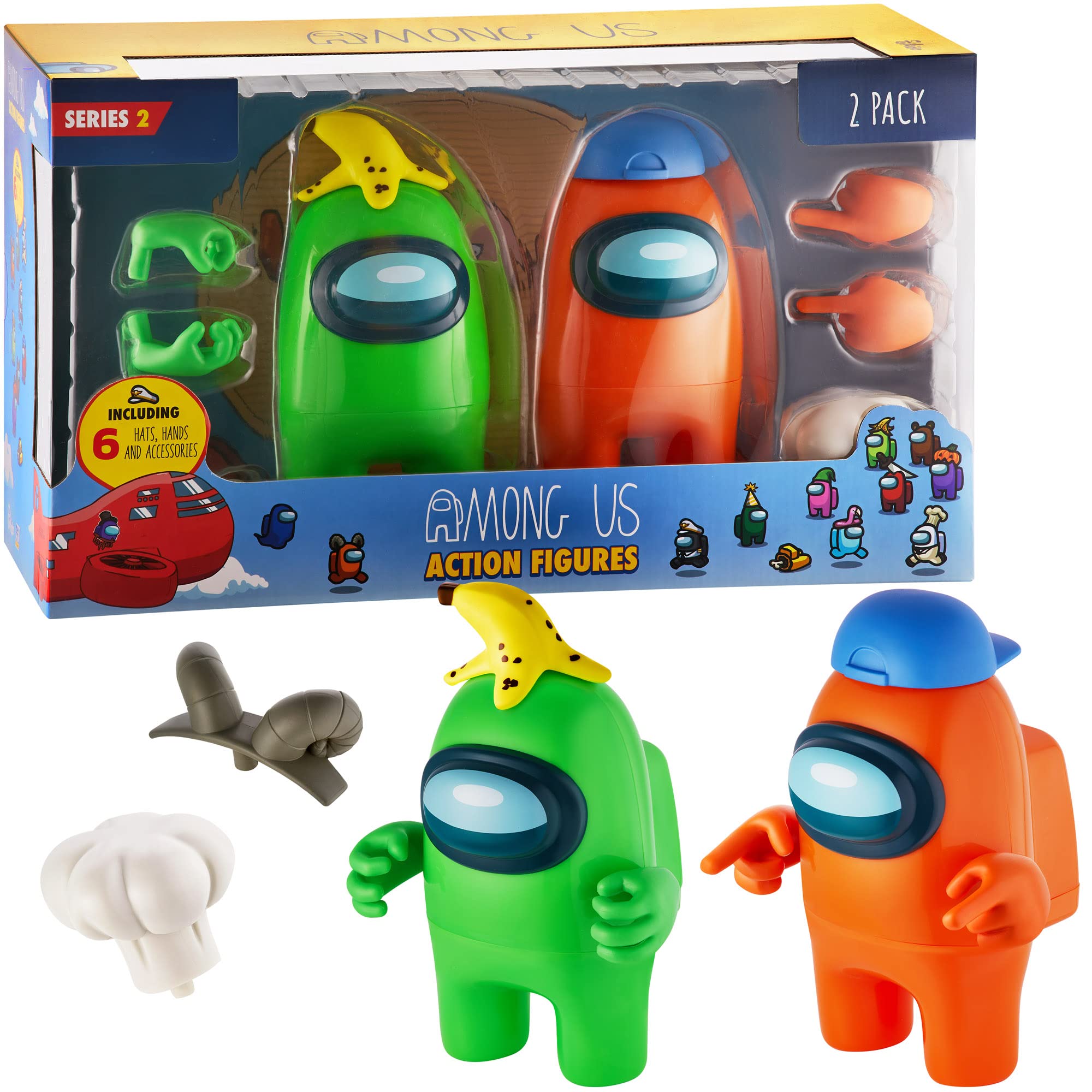 P.M.I. Among Us Action Figures - Set of 2 (Green & Orange) 7-Inch Collectible Crewmates with 6 Accessories (Hats & Hands) | Playable Mini Toys for Kids | Perfect for Birthday Gifts, Game Nights & Among Us Fans Collection