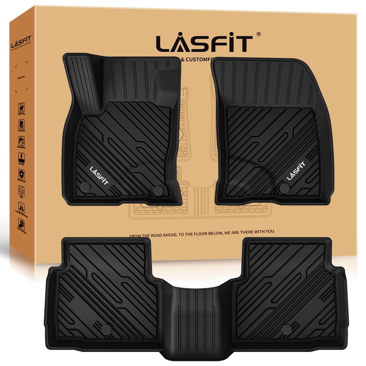 LASFIT Custom Fit All-Weather TPE Floor Mats for Ford Escape 2020-2025 (Excluding Hybrid) - Front & Rear 3-Piece Set in Black - Perfect for Rain, Snow, Mud Protection & Easy Cleaning