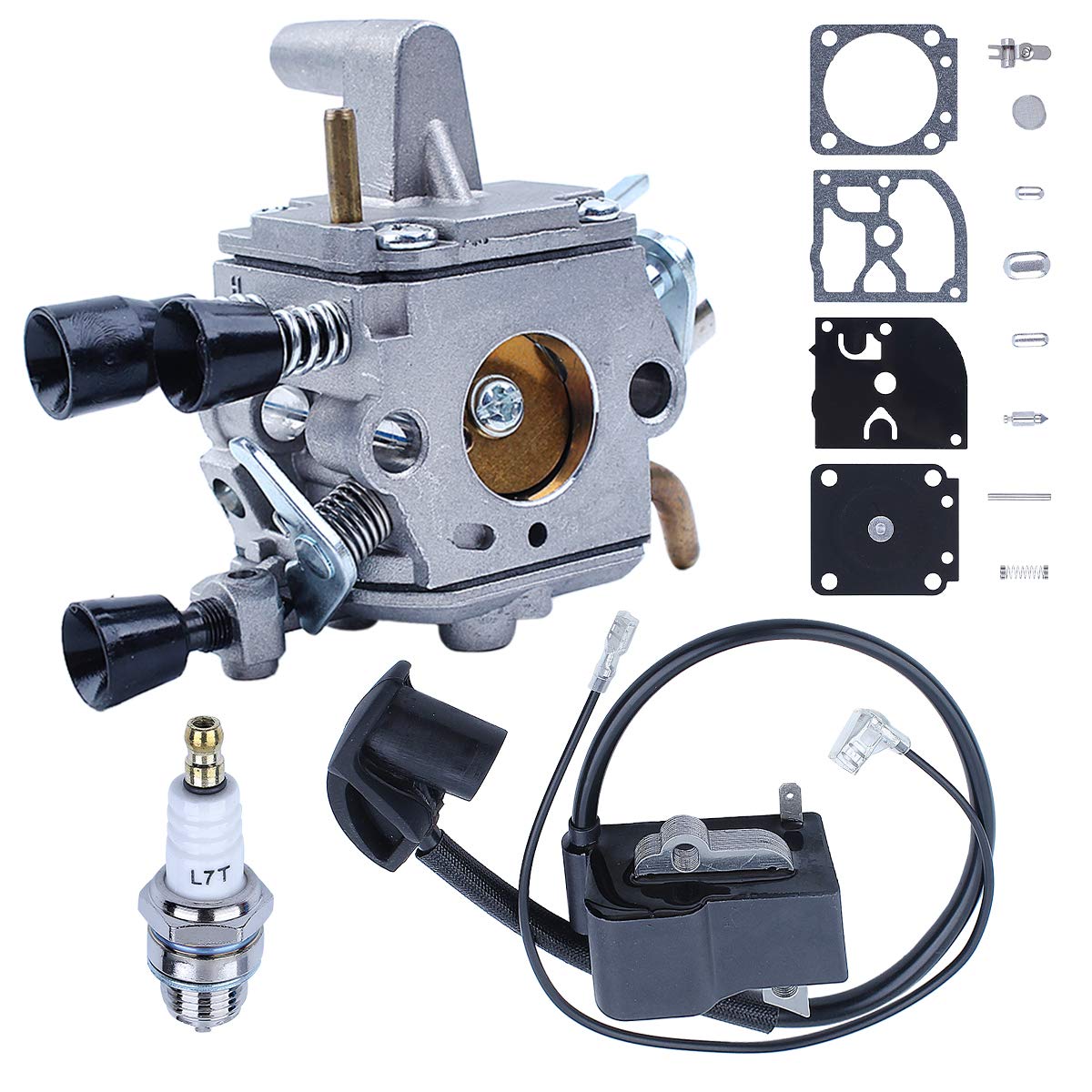 STIHL FS120 FS200 FS250 FS300 FS350 Trimmer Ignition Coil & Carburetor Repair Kit with Spark Plug - Replacement Parts 41341200653 41344001301 - Perfect for Lawn Care, Landscaping & Garden Maintenance