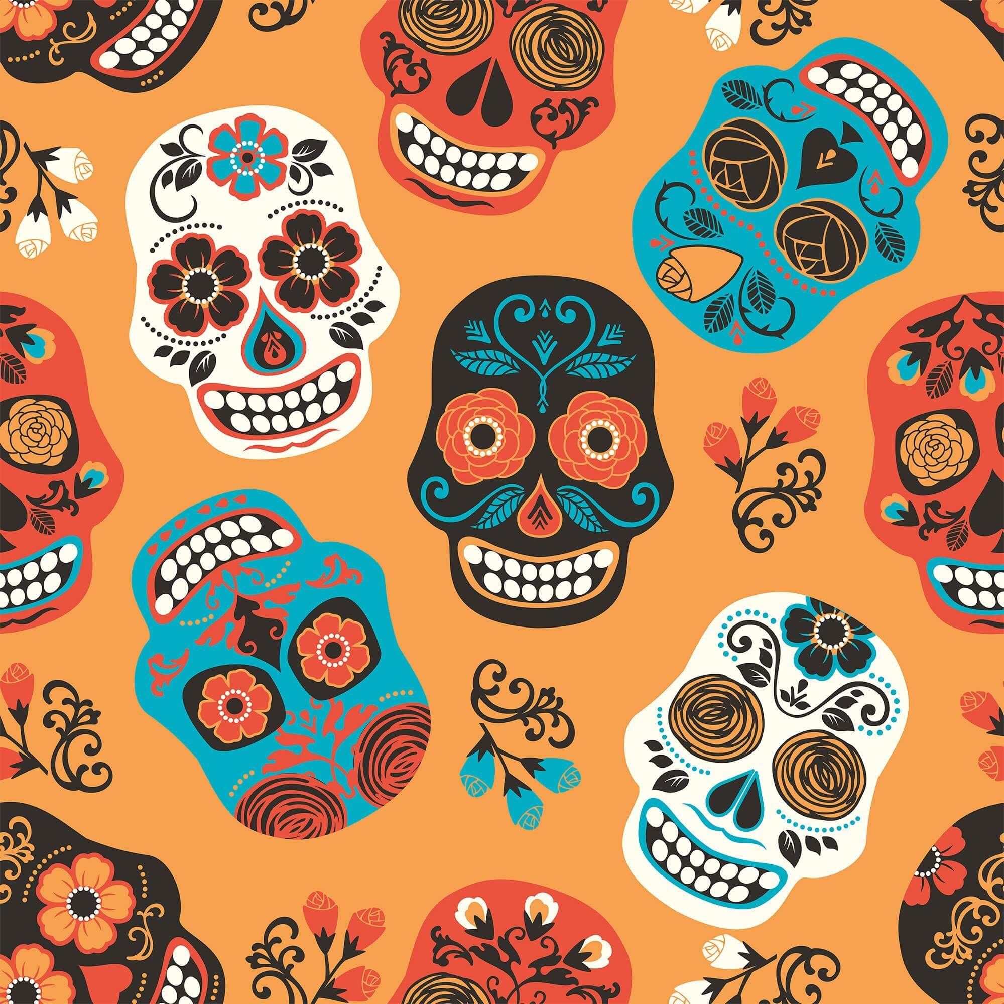Orange and White Skulls Themed Peel and Stick Removable Wallpaper - Self-Adhesive Decorative Wall Covering for Bedroom, Living Room, or Office Decor