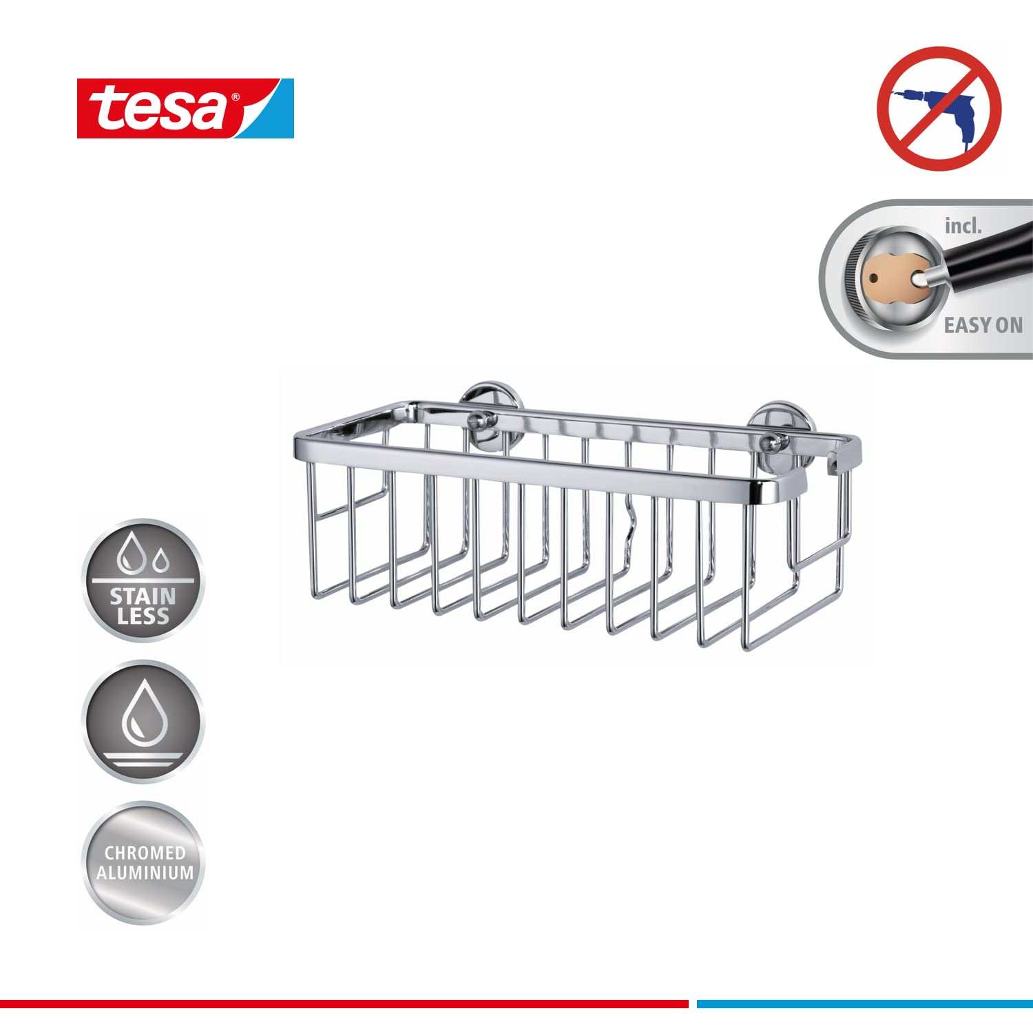 tesa Aluxx No Drill Wall Mounted Bathroom Shower Corner Caddy - Chrome-Plated Aluminum Shower Basket with Removable Glue Adhesive | Space-Saving Storage for Shampoo, Soap & Bath Essentials