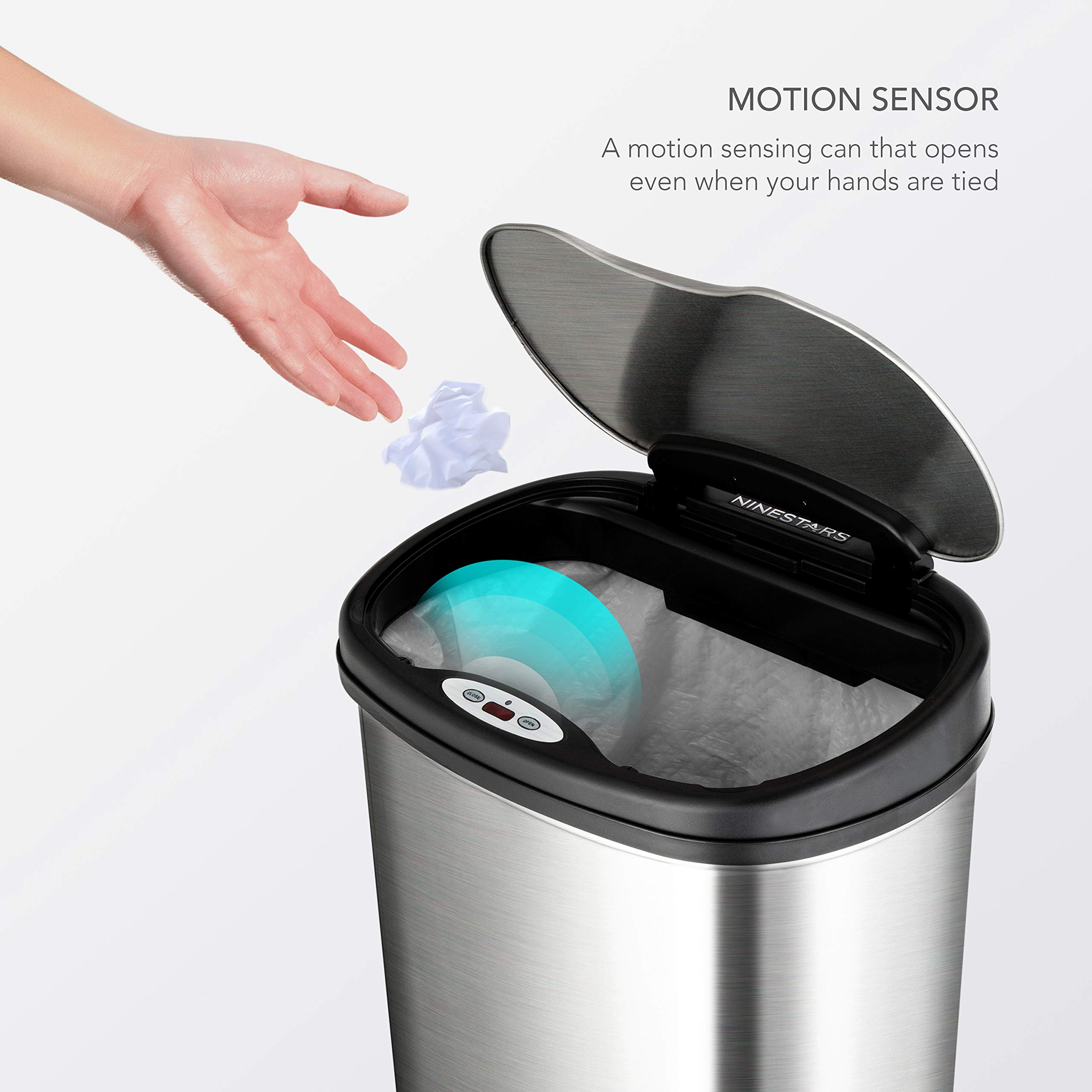 NINESTARS Automatic Touchless Infrared Motion Sensor Trash Can Combo Set - 13 Gal (50L) & 3 Gal (12L) Stainless Steel Base with Silver/Black Lid, Oval Shape - Perfect for Kitchen, Bathroom, Office & Home Use