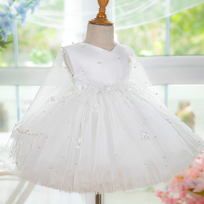 Elegant White Mesh First Communion Dress for Baby Girls - Christening Gown for Toddlers - Perfect for Baptism, Church Ceremonies & Special Occasions