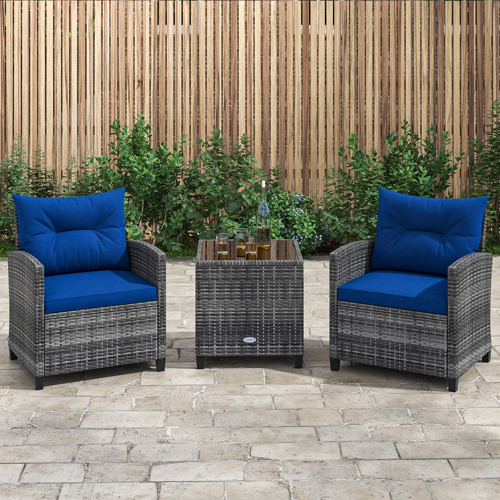 **KOTEK 3-Piece Outdoor Patio Furniture Set - PE Rattan Wicker Chairs & Tempered Glass Table with Washable Cushions - Navy Blue - Perfect for Porch, Garden, Balcony, and Backyard Relaxation**