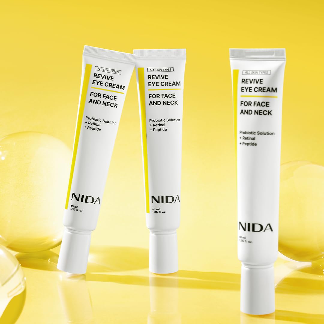 NIDA Revive Anti-Aging Eye Cream for Face & Neck - Probiotic Formula with Retinal & Peptides | Reduces Wrinkles, Fine Lines | Boosts Cell Turnover & Skin Firmness | Hydrating Treatment for Radiant Skin | 1.35 fl oz (40ml) | Perfect for Night Routine & Travel Skincare