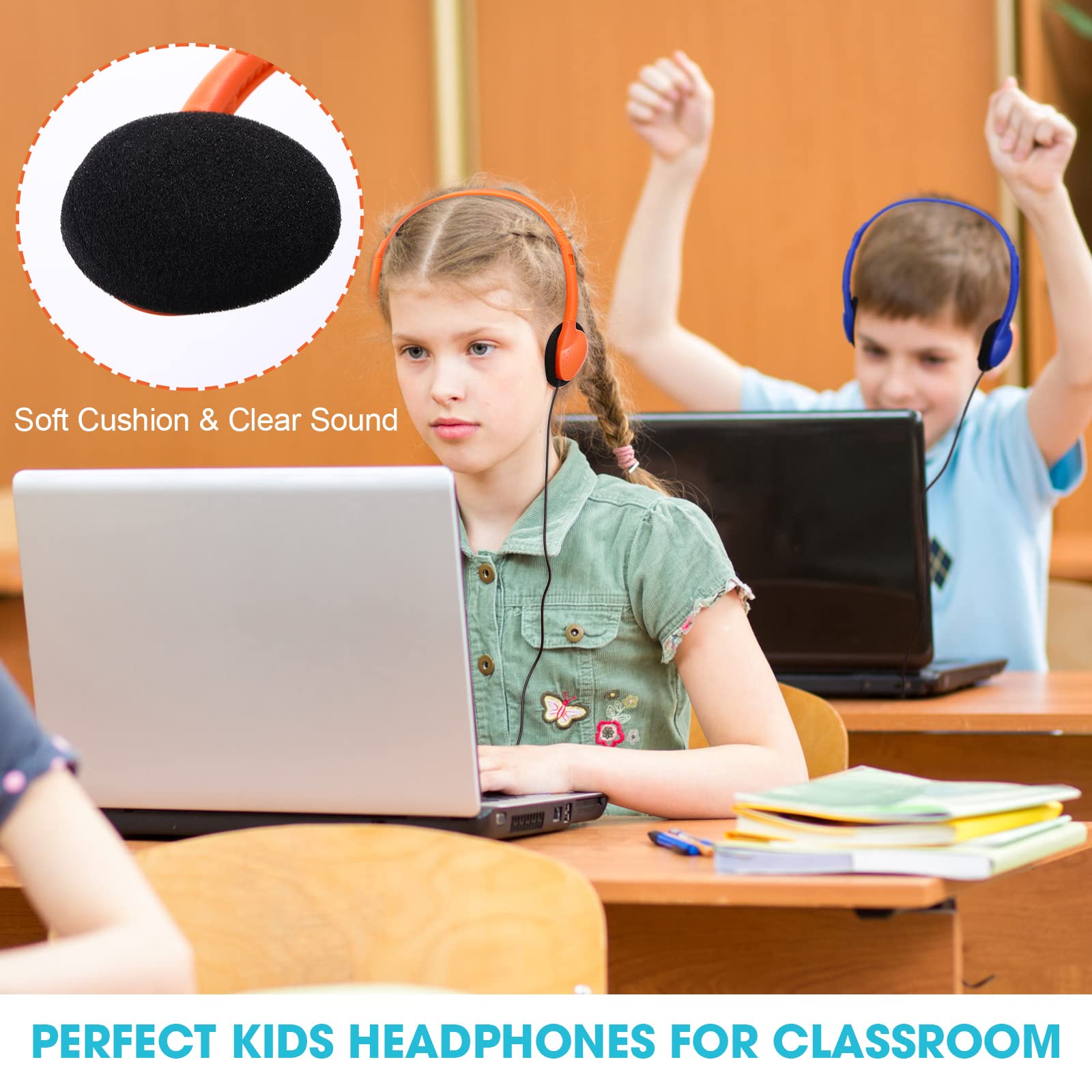 32 Pack Bulk Headphones for School & Classroom - Adjustable Wired Headsets with 3.5mm Jack (Light Blue, Orange, Blue, Black) - Perfect for Students, Teachers & Office Use