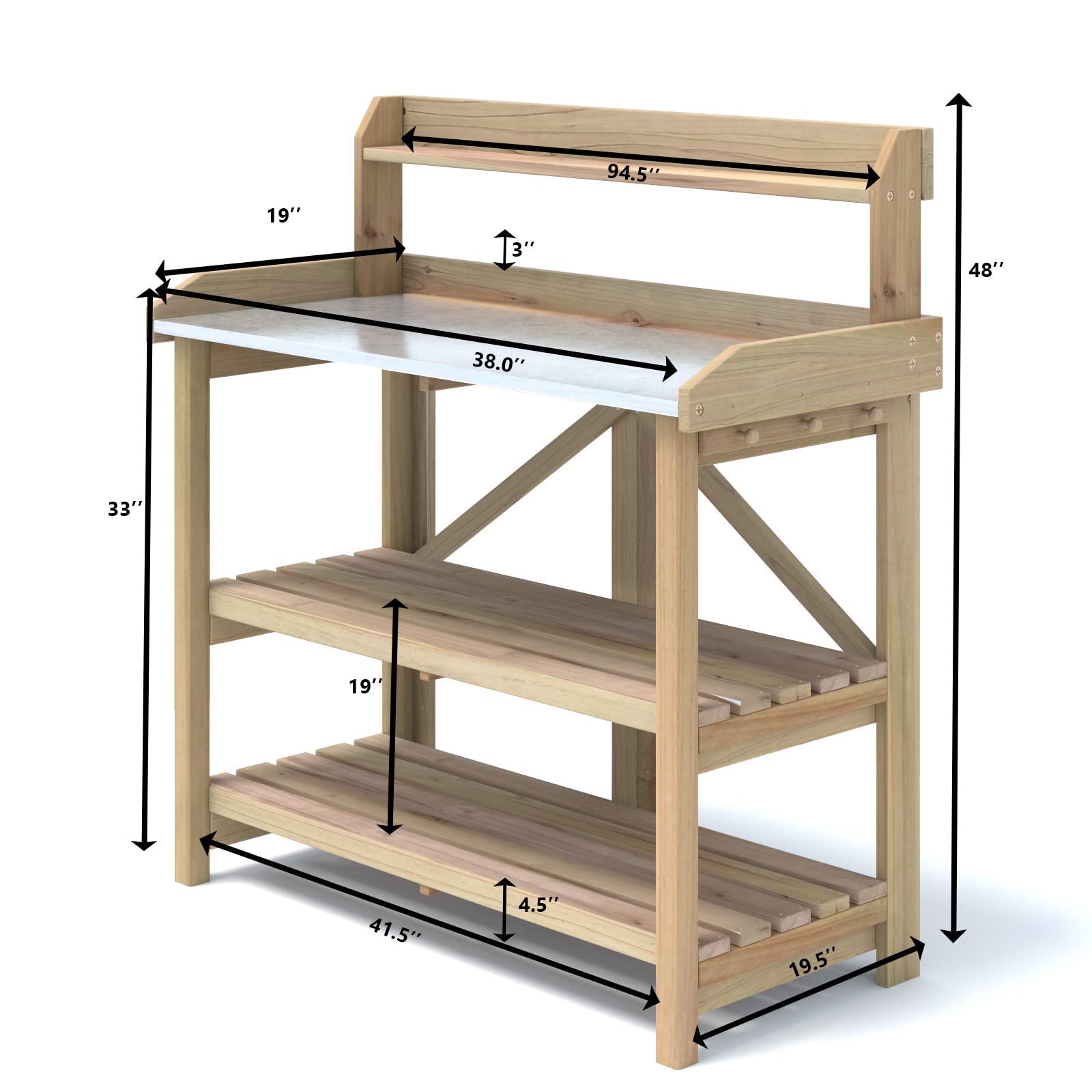 SAFSTAR Heavy Duty Fir Wood Potting Bench with Metal Tabletop & 2 Storage Shelves - Outdoor Gardening Workstation for Backyard, Balcony & Patio - Perfect for Planting, Repotting & Organizing Garden Tools