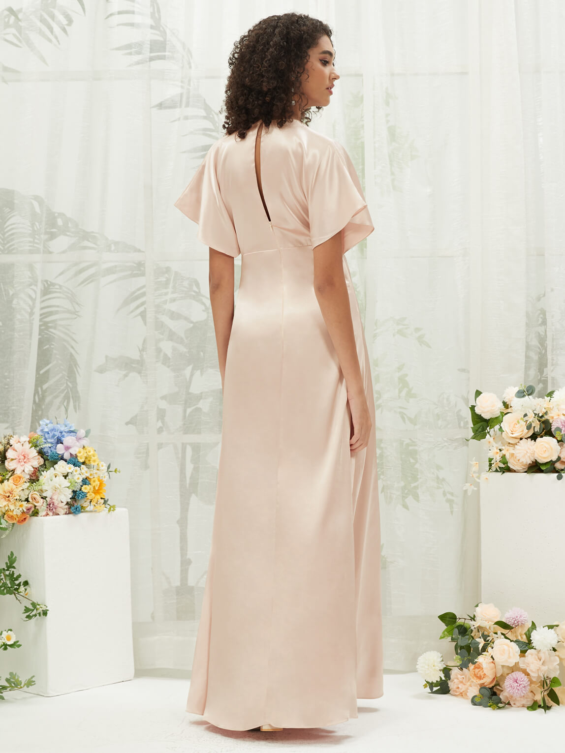 Elegant Champagne V-Neck Short Sleeve Satin Maxi Bridesmaid Dress with High Slit - Perfect for Weddings, Formal Events & Evening Parties