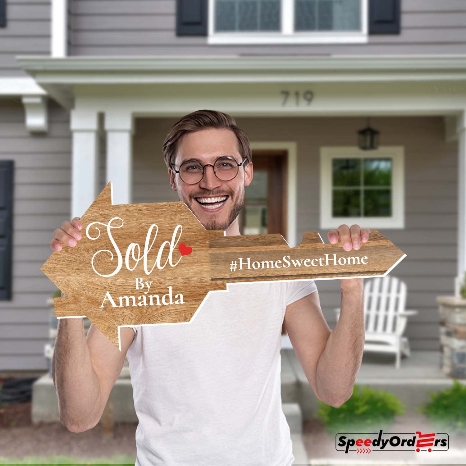 Custom Giant Gold Real Estate Sold Key Sign for Realtors - Personalized Marketing Tool for House Closings - Large Bright Wooden Realtor Prop (Perfect for Open Houses, Closing Gifts & Photo Ops)