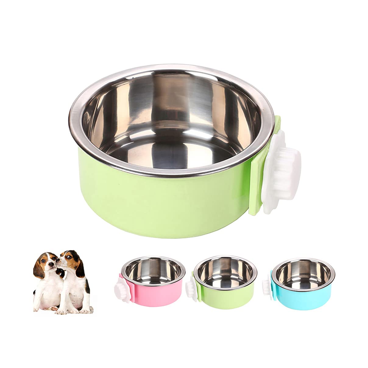 Love Dream Crate Stainless Steel Hanging Pet Bowls - Removable Food & Water Feeder for Dogs, Cats, Rabbits & Small Animals - Perfect for Kennels, Cages & Coops (Small, Green) - Durable & Easy-Clean Pet Feeding Solution for Home & Travel