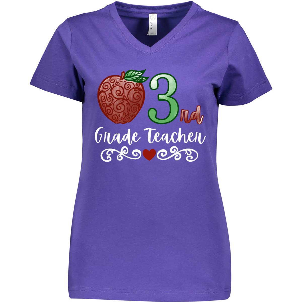 3rd Grade Teacher T-Shirt with Red Apple Design - Women's V-Neck Casual Tee for School, Teacher Appreciation & Classroom Outfits