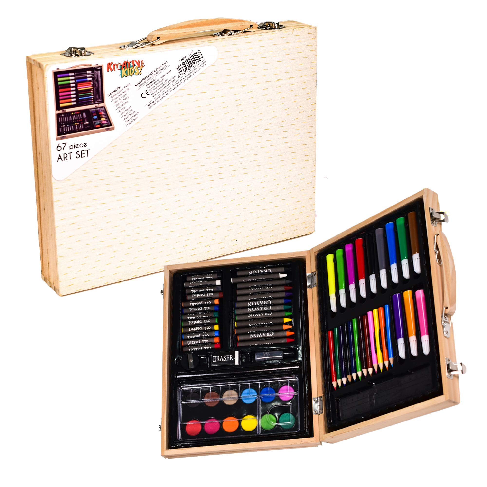 67-Piece Kids Art and Craft Set with Crayons, Paints, Pens & Pencils in Wooden Storage Box - Perfect for School Projects, Birthday Gifts & Creative Play