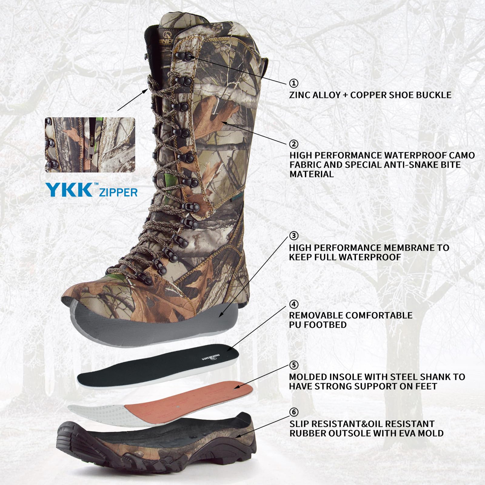 Men's Waterproof Hunting Boots - Snake Proof, Lightweight, Side Zip, 16 Inch Non-Slip Outdoor Shoes for Hiking, Camping & Field Work