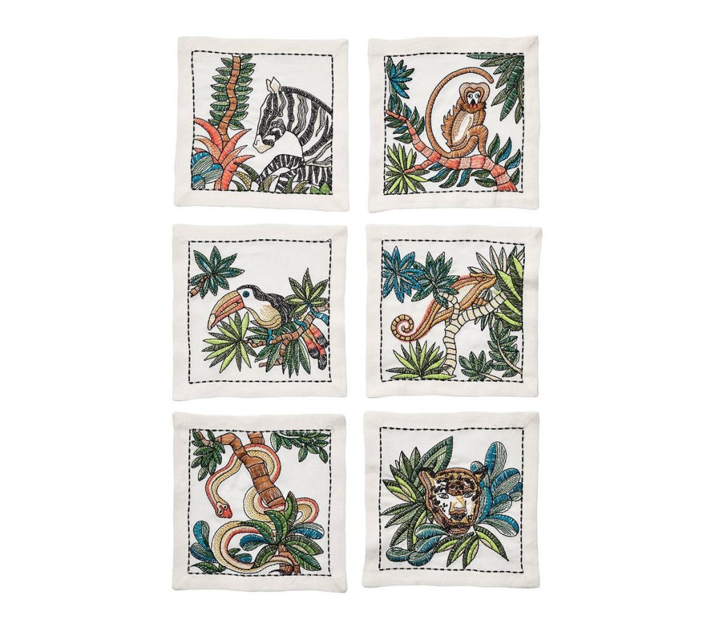 Premium White & Multi-Color Mali Cocktail Napkins - Set of 6 Elegant Gift Boxed Napkins for Parties, Weddings & Home Entertaining