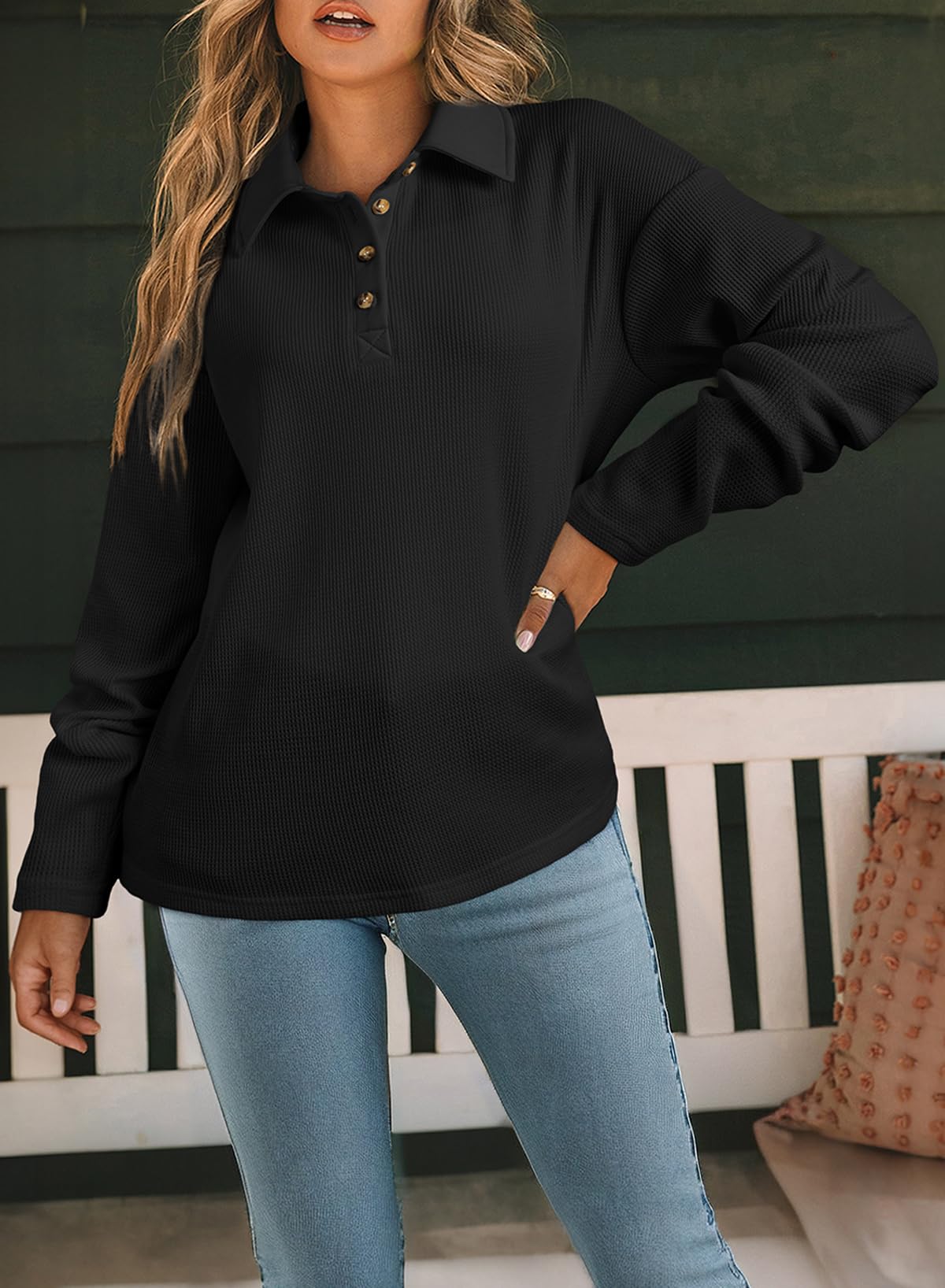 SHEWIN Women's Casual Waffle Knit Polo Shirt - V-Neck Collared Long Sleeve Button-Down Tunic Top for Work, Office & Everyday Wear